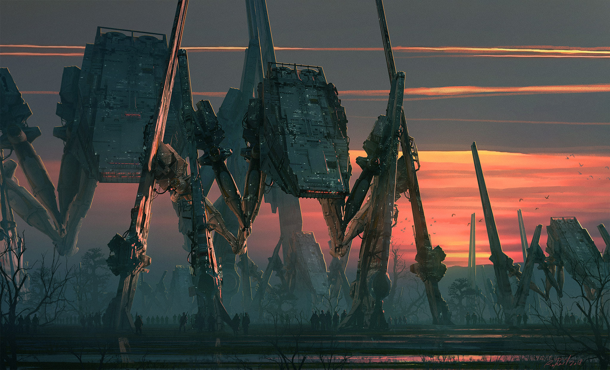 Giant war machines stand in a desolate landscape at sunset HD Wallpaper