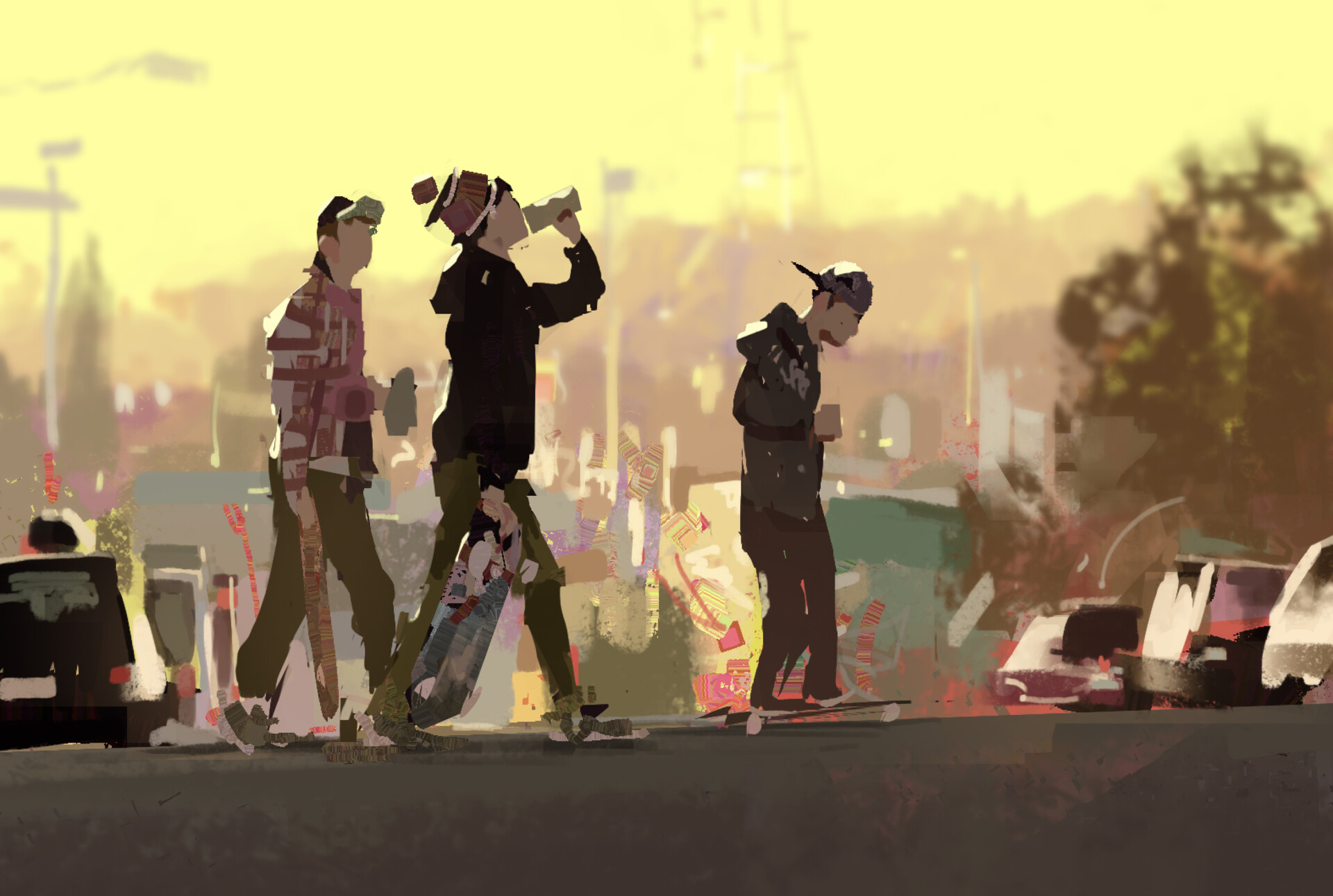 Three people with skateboards in a city street at sunset HD Wallpaper