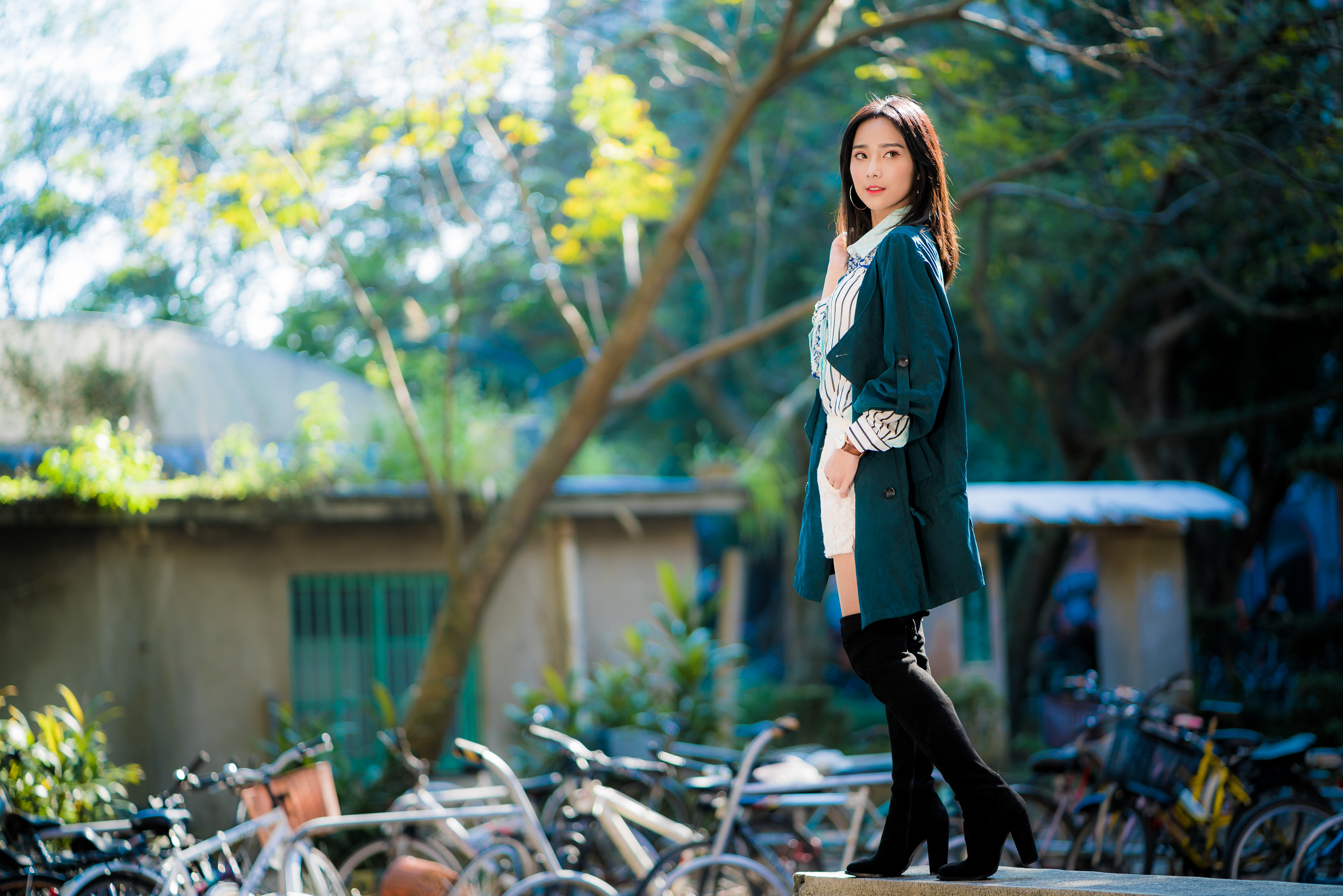 Asian Model in Boots with Depth of Field 4K HD Wallpaper