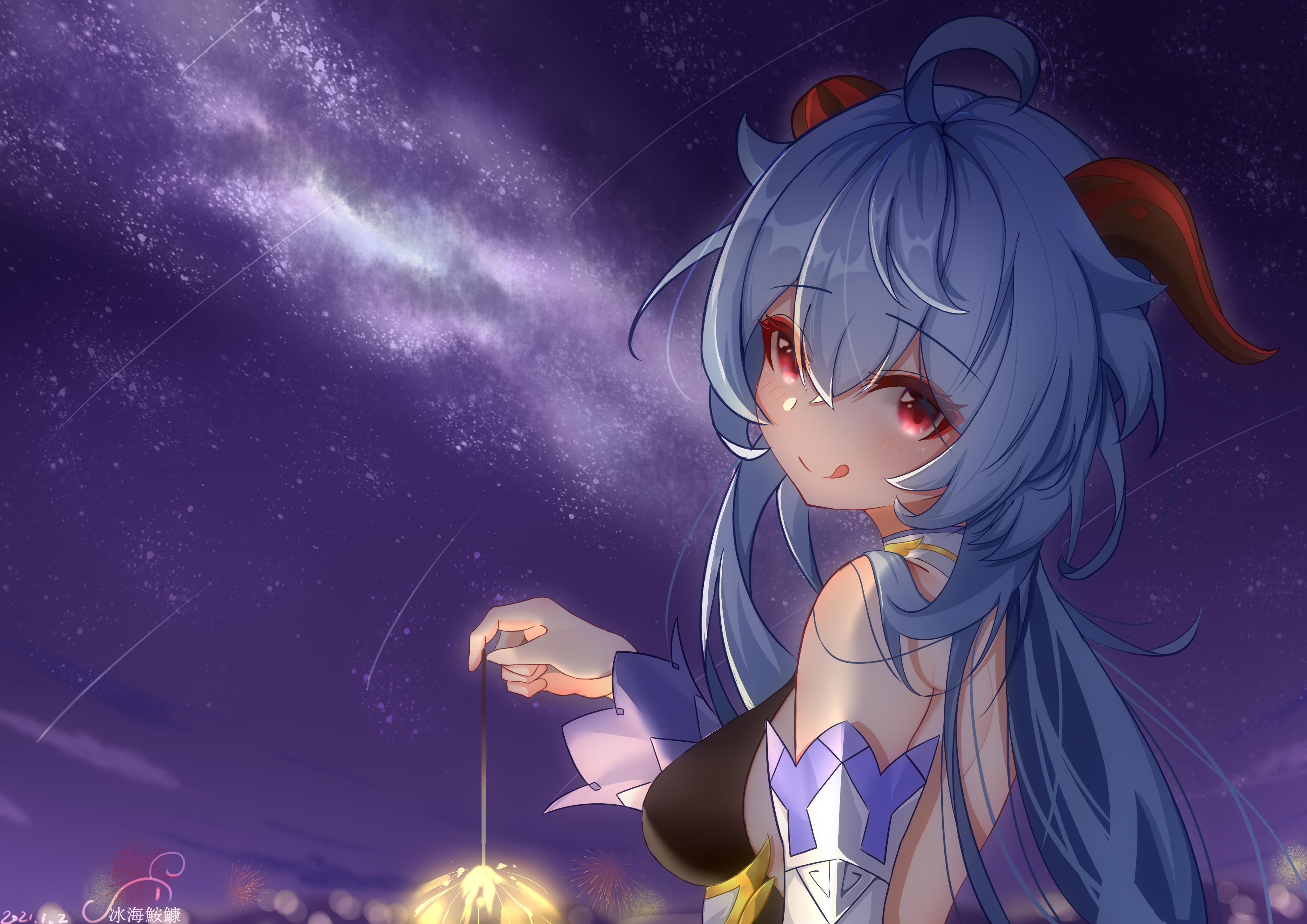 Ganyu from Genshin Impact with lantern under starry sky 4K HD Wallpaper