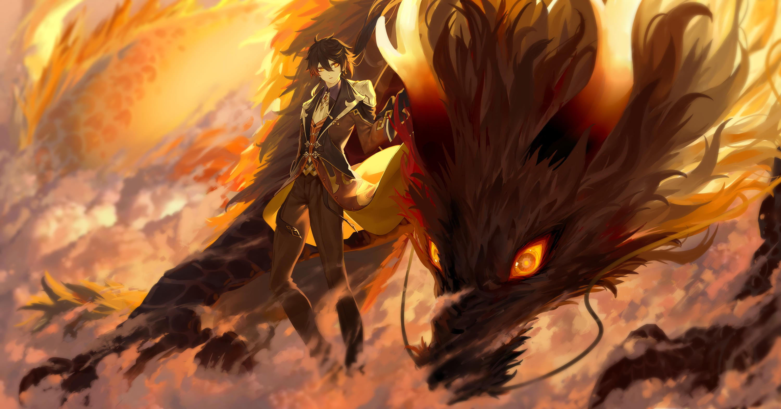 Zhongli and a dragon from Genshin Impact HD Wallpaper