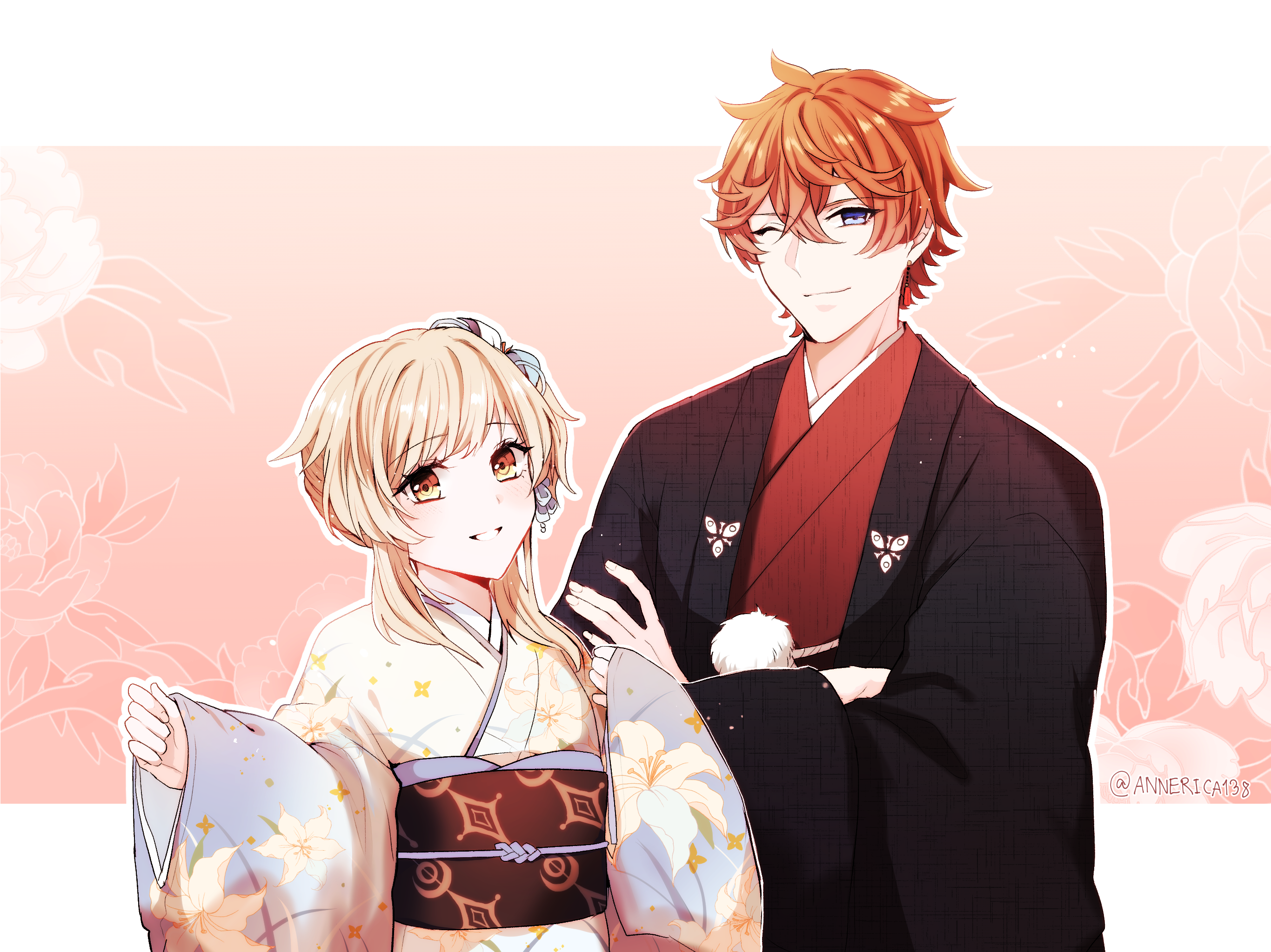 Lumine and Tartaglia from Genshin Impact in Kimonos HD Wallpaper