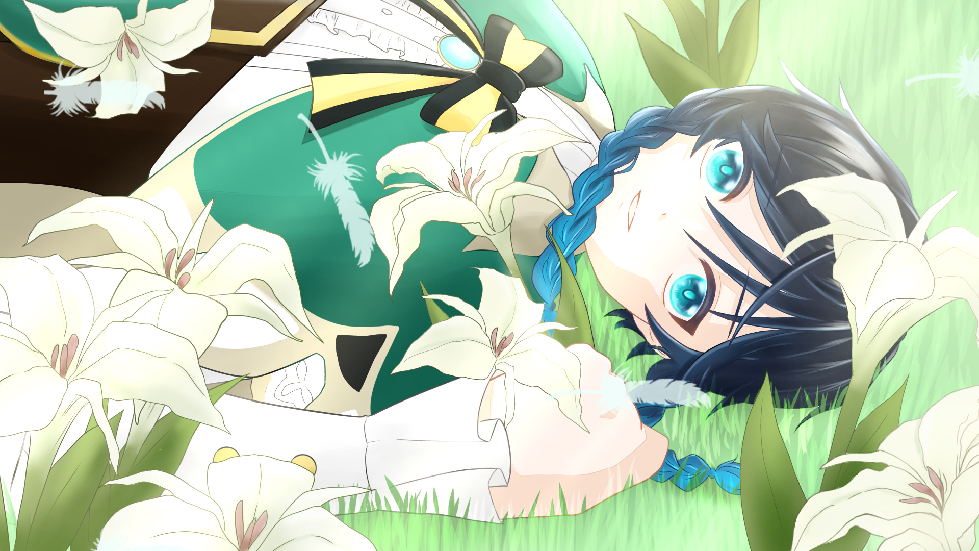 Venti from Genshin Impact lying in grass with lilies HD Wallpaper