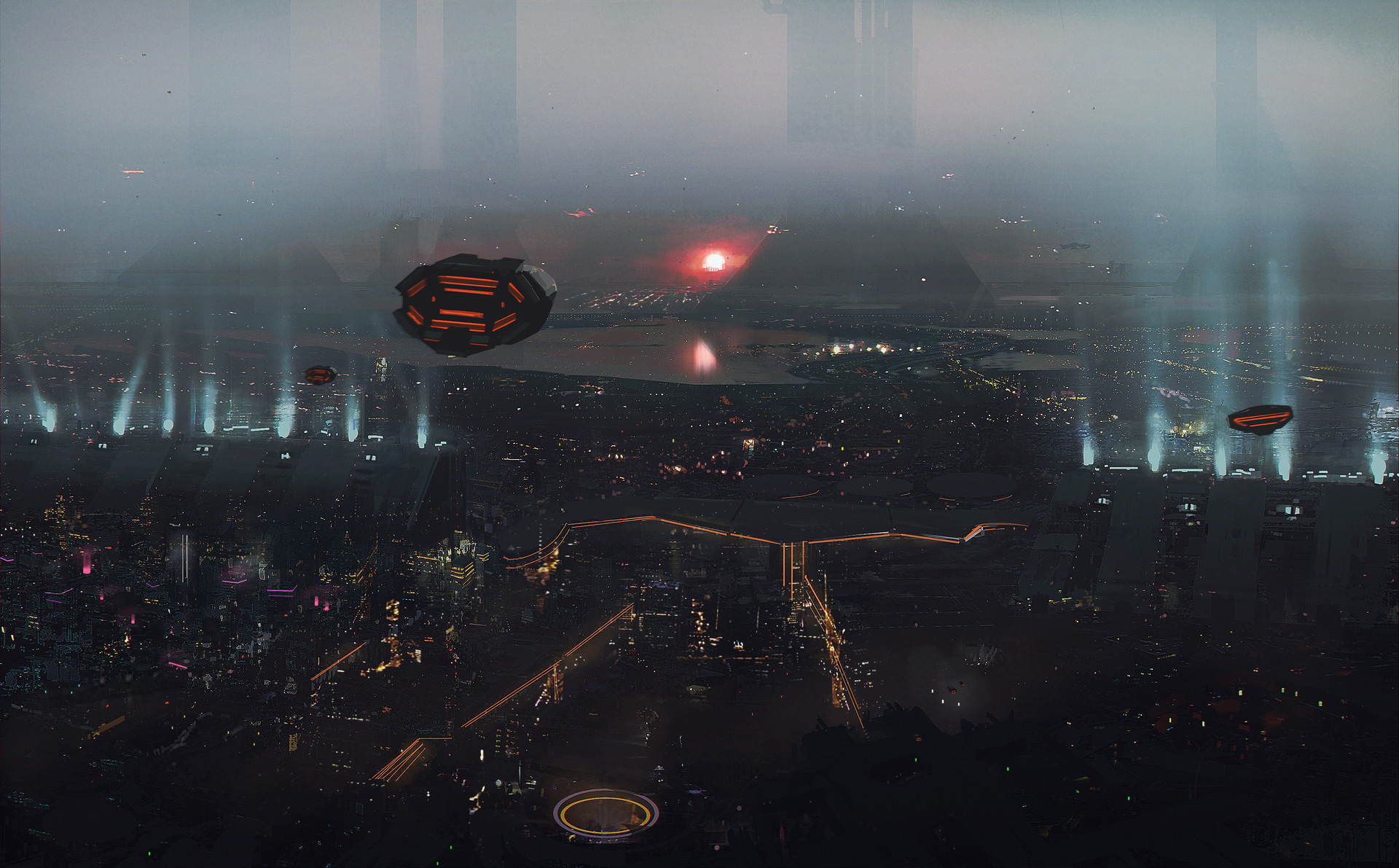 Sci-Fi Cityscape with Flying Vehicles at Sunset HD Wallpaper