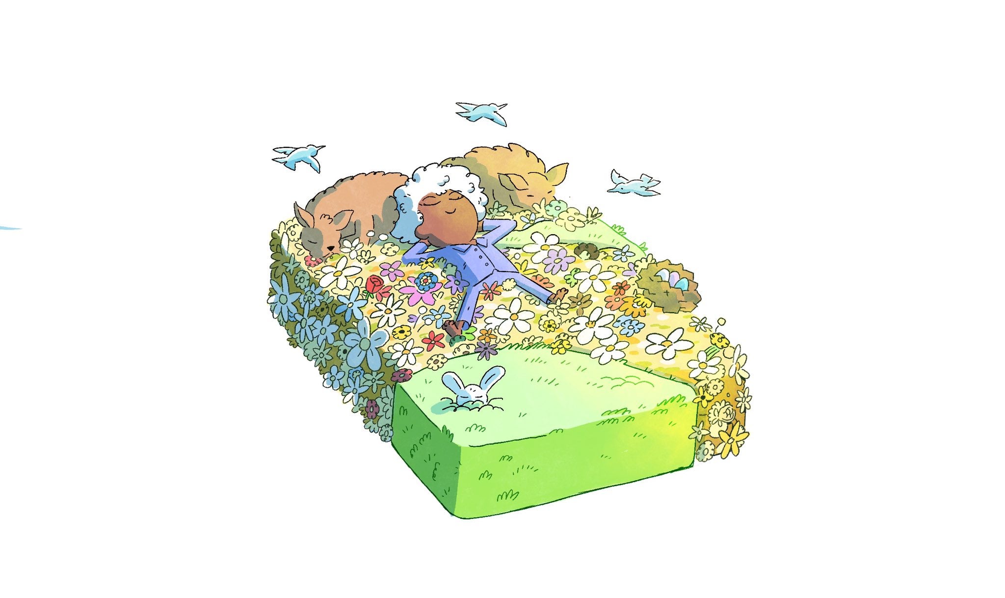 Person sleeping on a flower-covered mattress with animals and birds HD Wallpaper