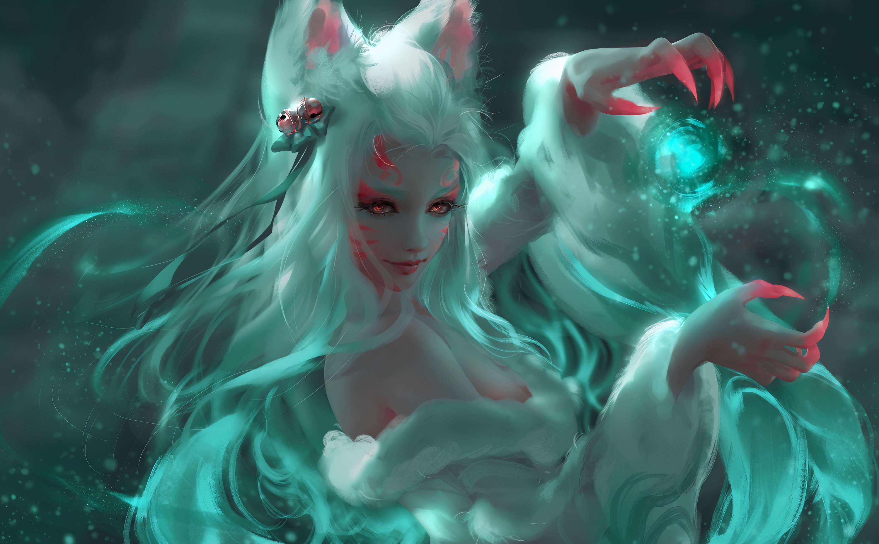 Ahri from League of Legends with white hair and animal ears HD Wallpaper