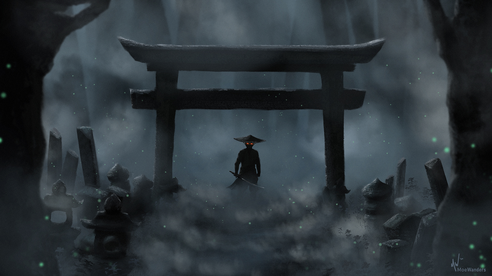 Samurai warrior with glowing eyes in front of a Torii gate HD Wallpaper