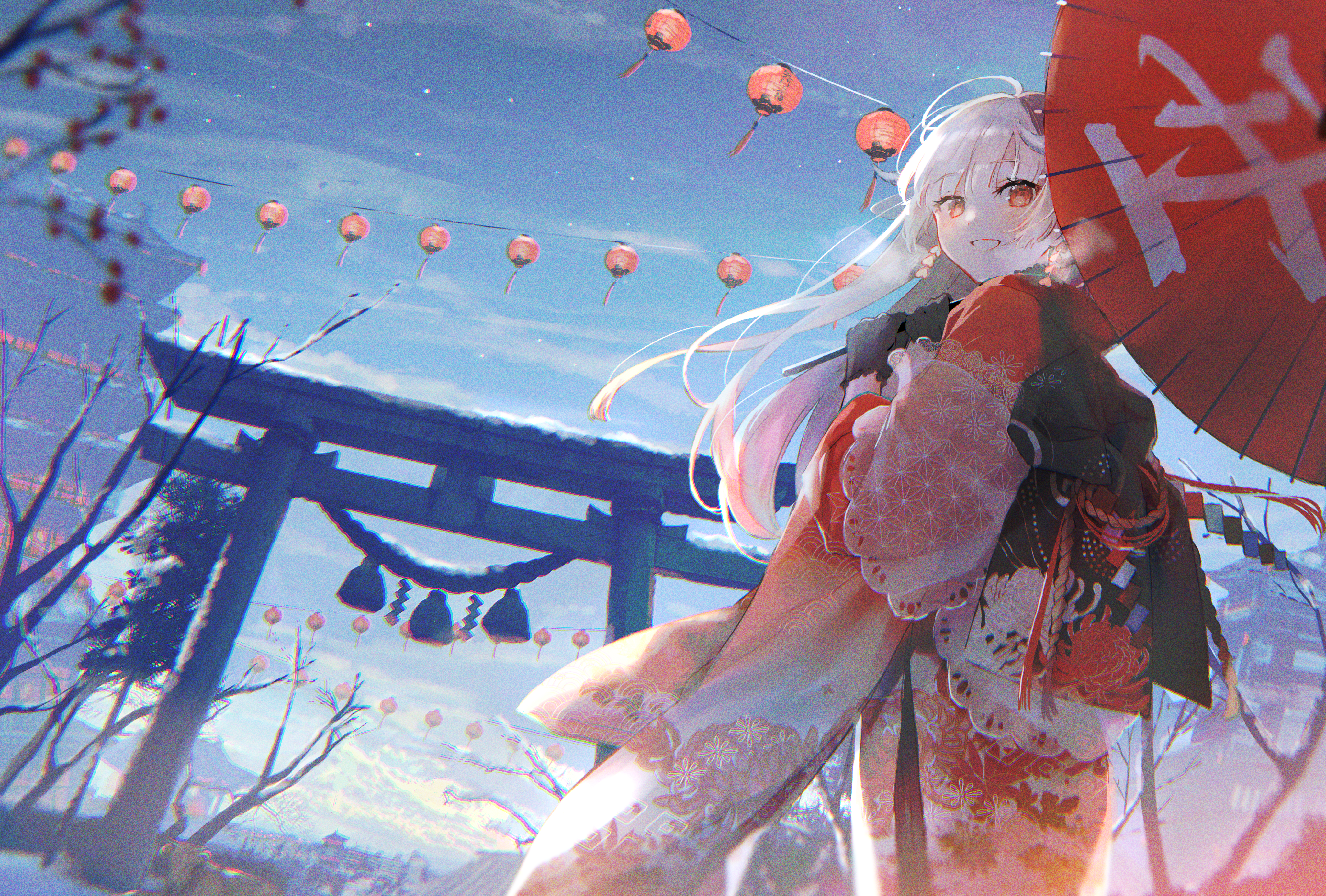 Girl in Kimono with Umbrella near Torii HD Wallpaper