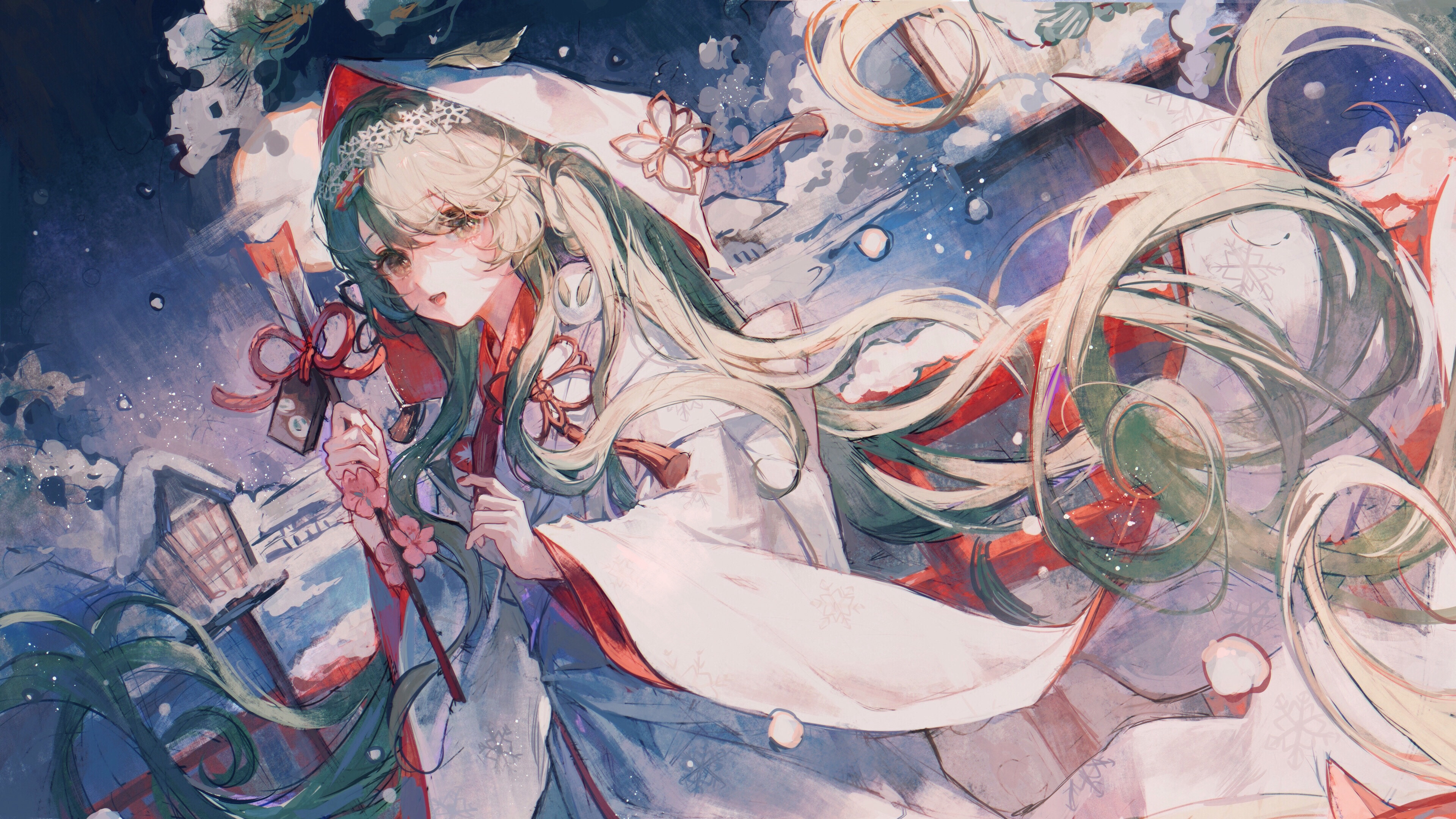 Hatsune Miku in Japanese Clothes with Green Hair in Snow HD Wallpaper