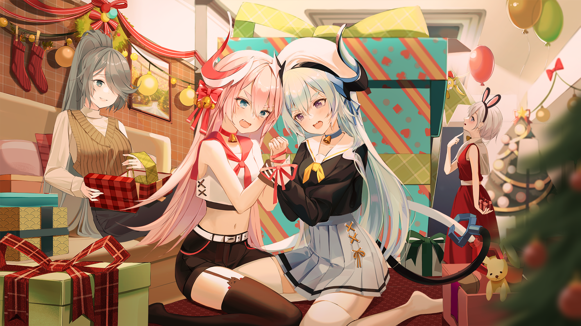Anime girls in Christmas setting with gifts HD Wallpaper