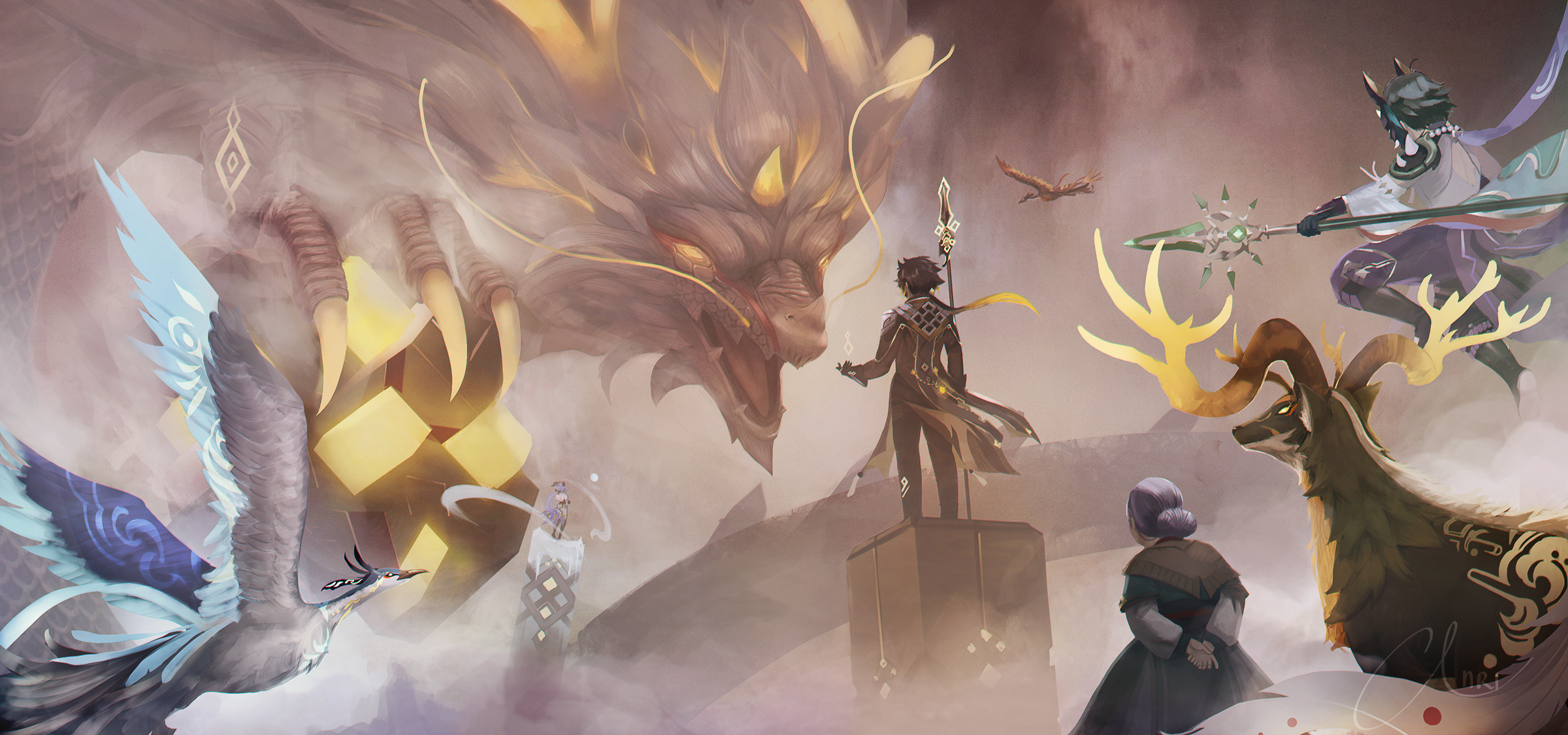 Zhongli, Xiao, and Ganyu from Genshin Impact with a dragon HD Wallpaper