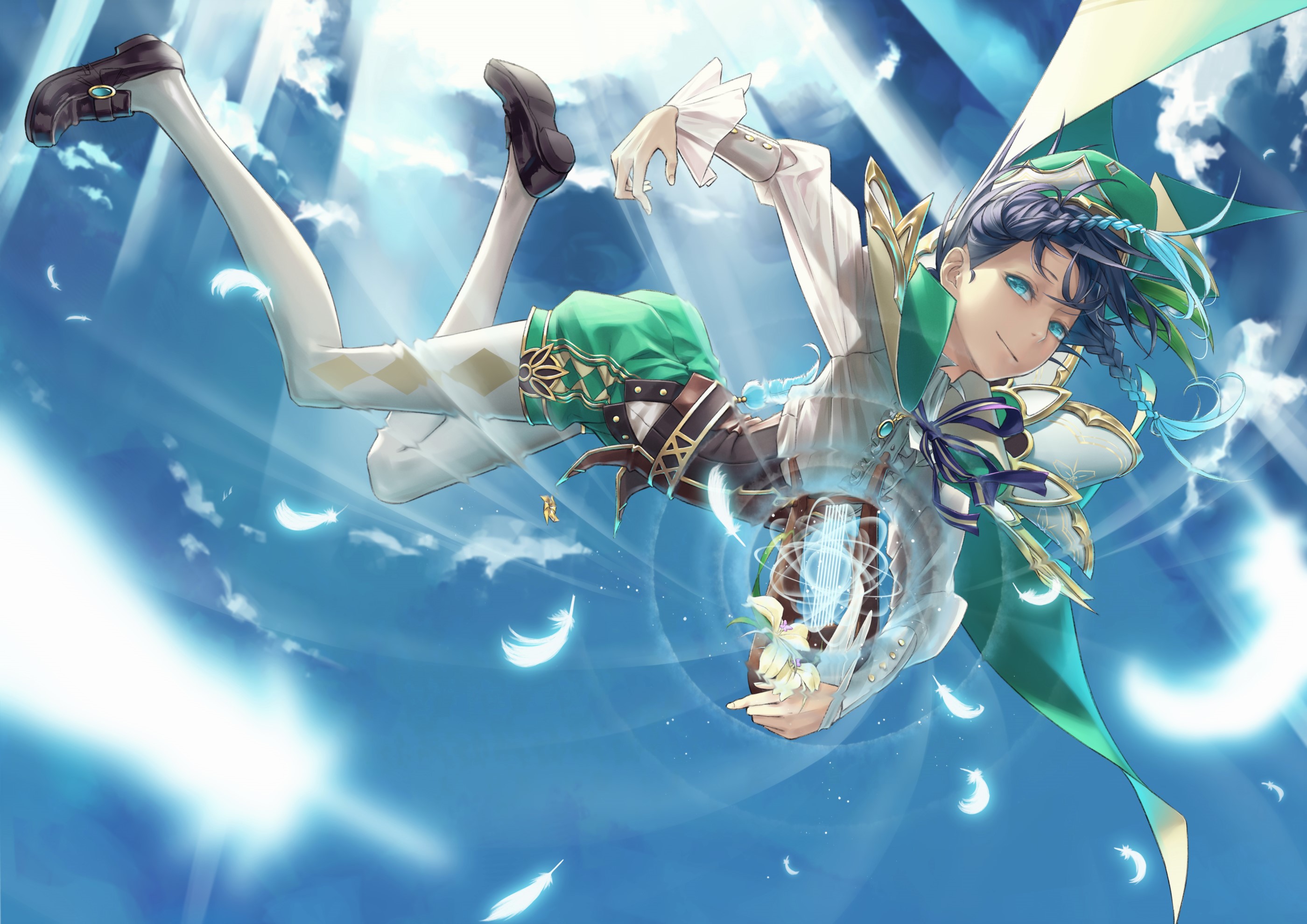 Venti from Genshin Impact flying in the sky HD Wallpaper