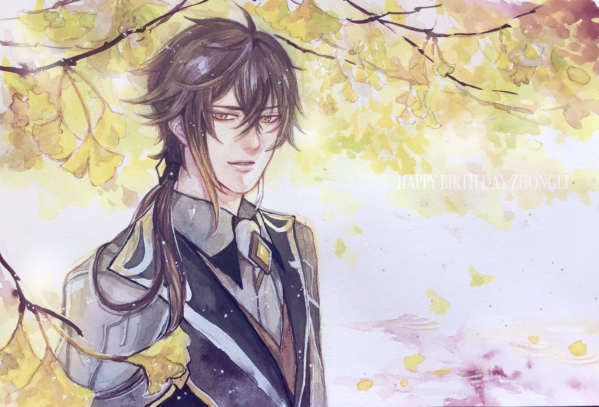 Zhongli from Genshin Impact with Ginkgo Leaves HD Wallpaper