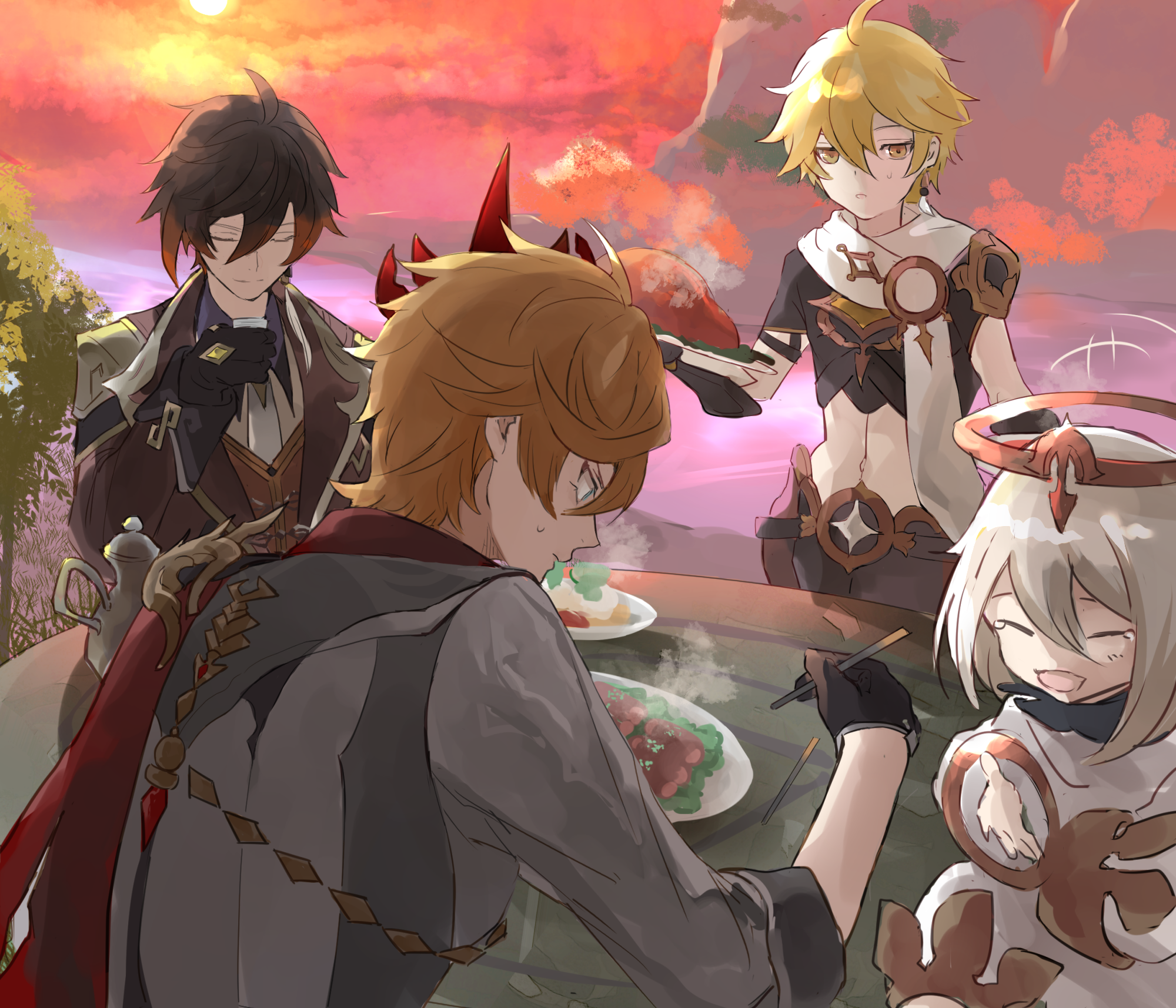 Zhongli, Tartaglia, Aether, and Paimon from Genshin Impact HD Wallpaper