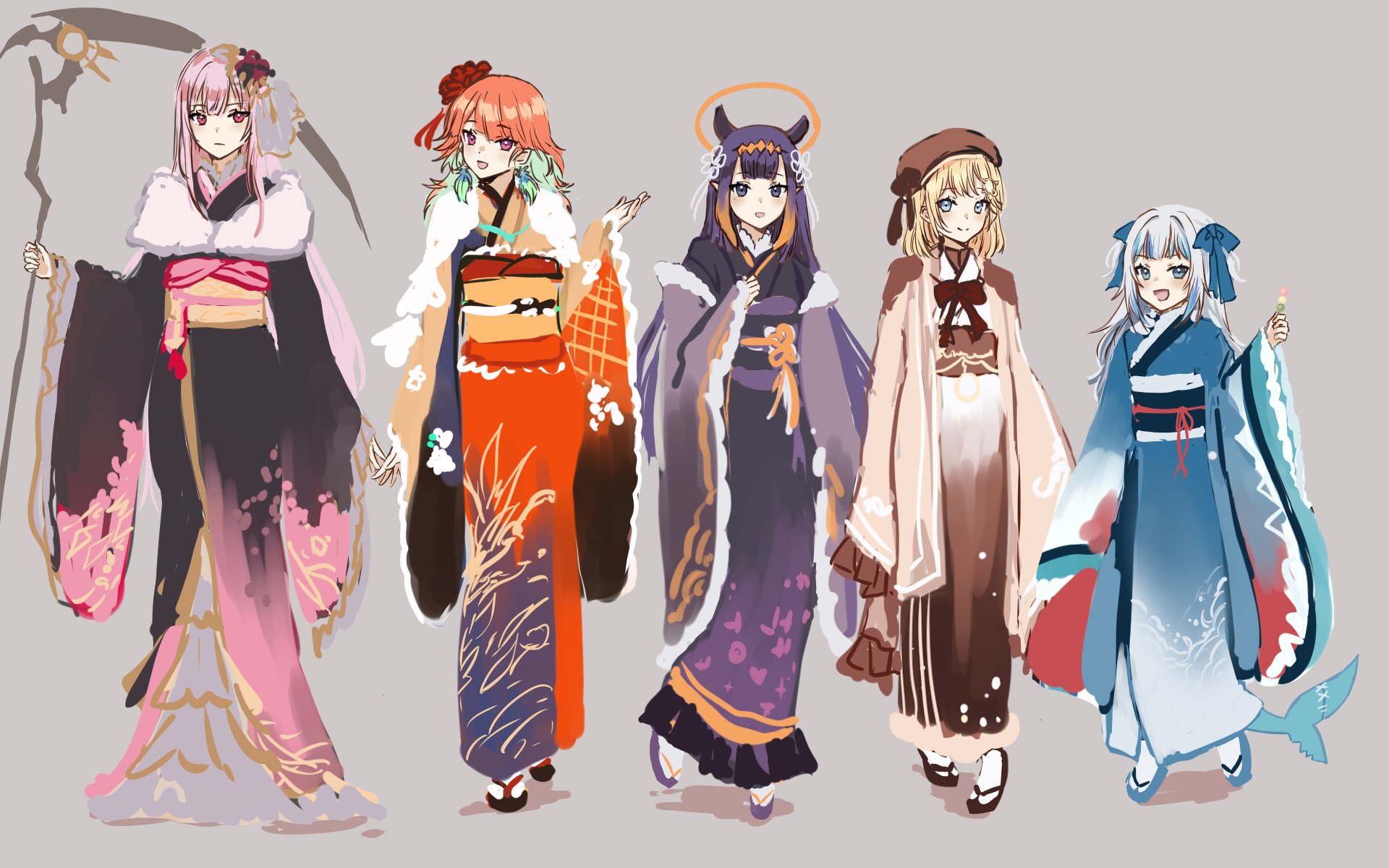 Five Hololive members in kimonos HD Wallpaper