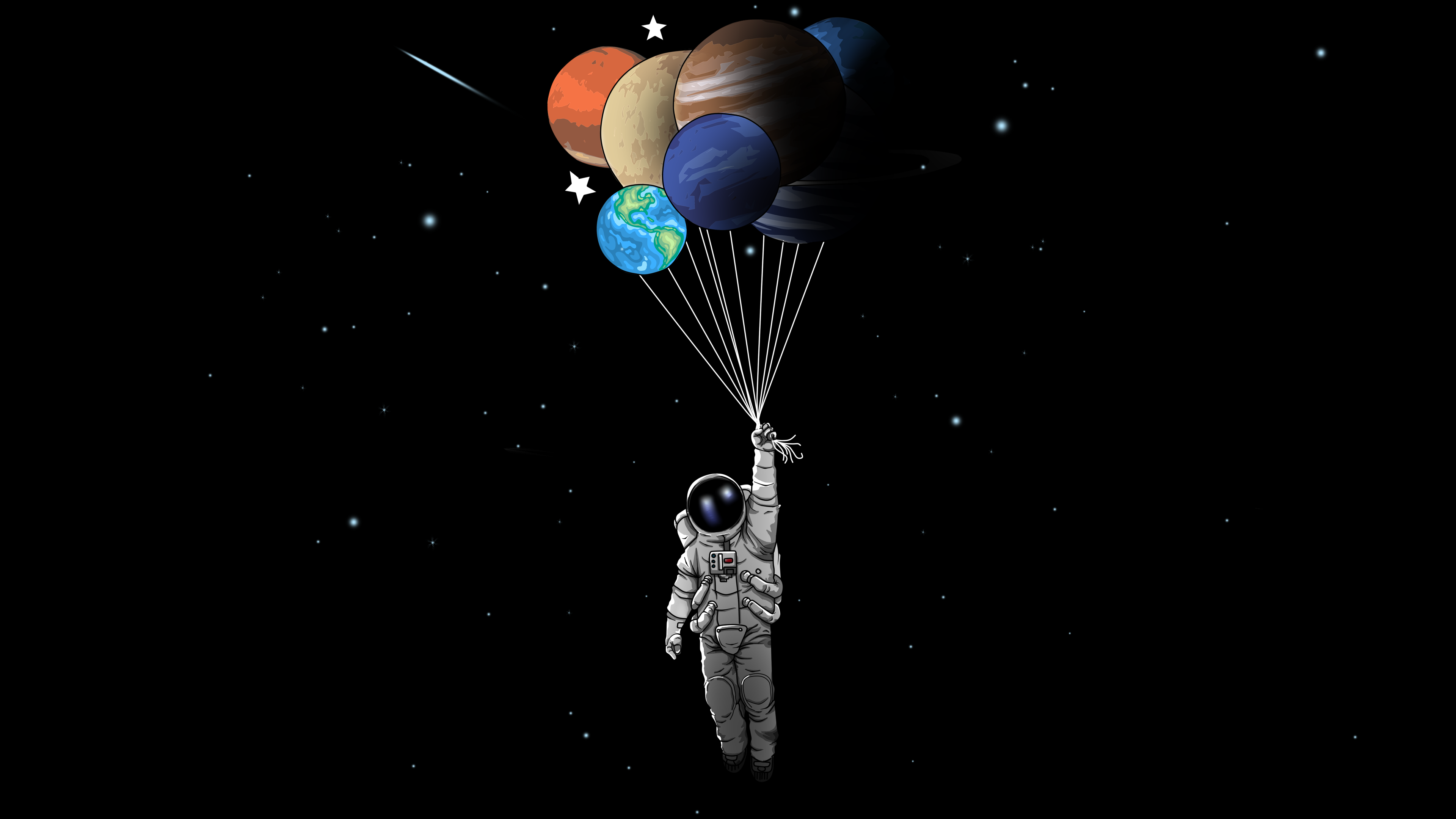 Astronaut holding planet balloons in space HD Wallpaper