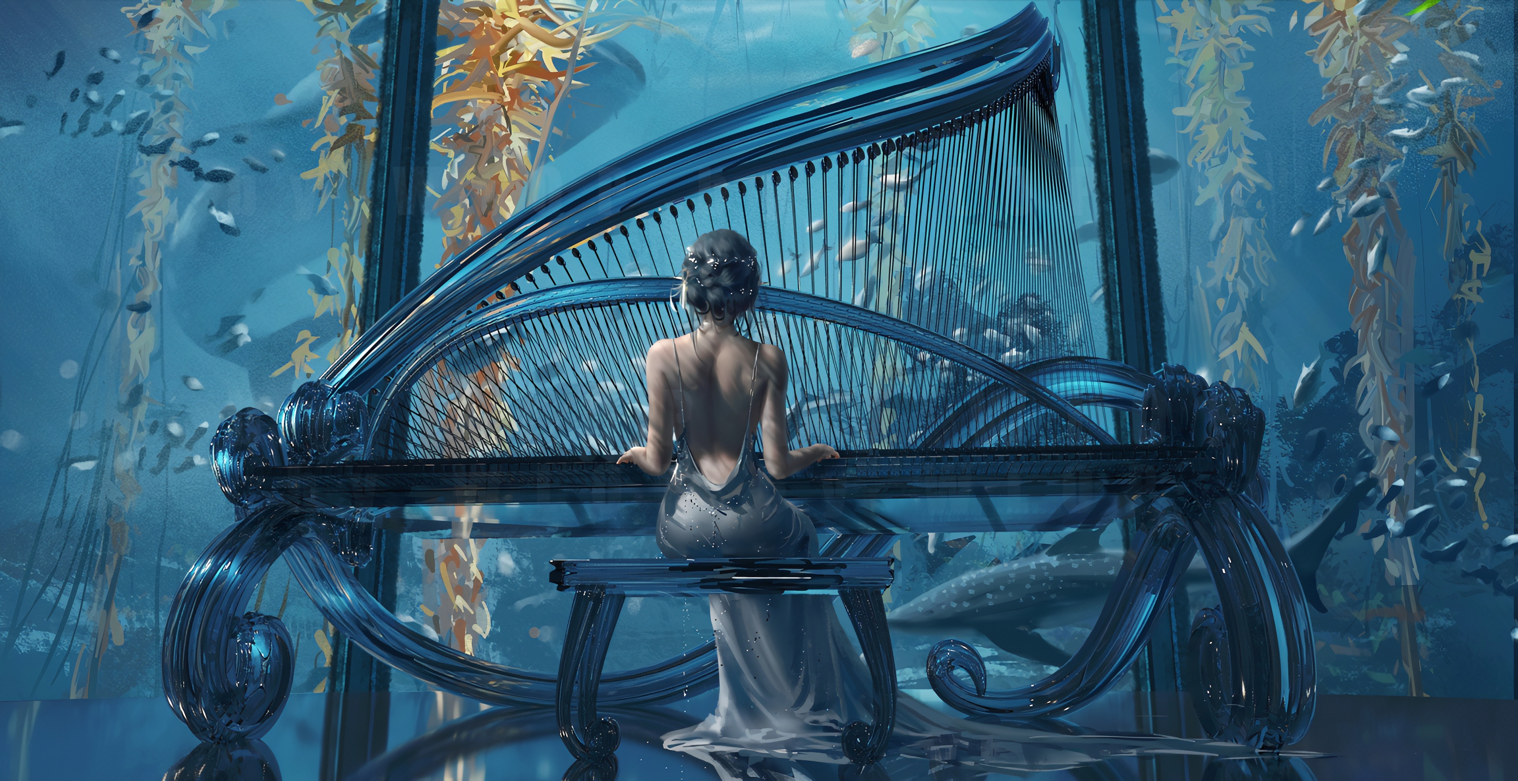 Woman playing a harp in an underwater fantasy setting HD Wallpaper