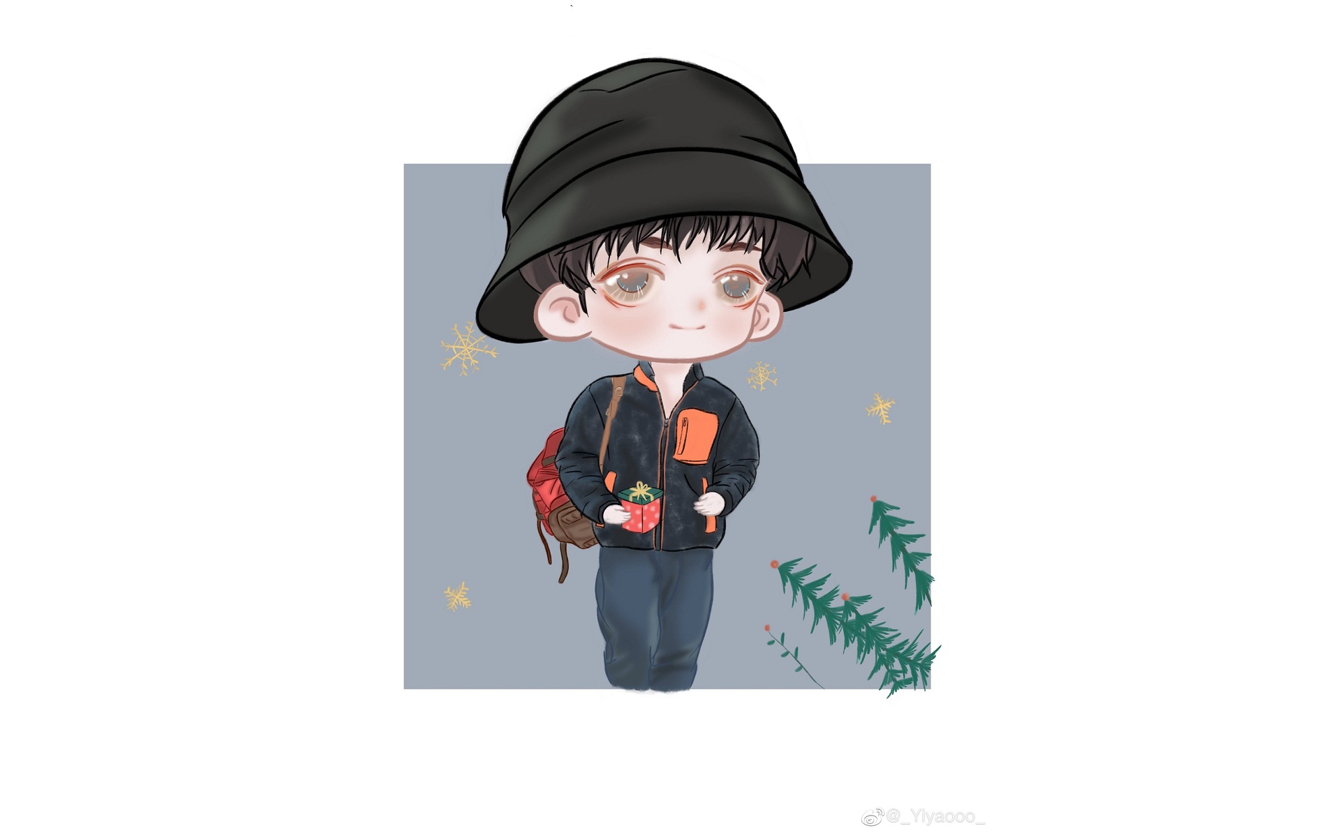 Chibi Wang Hao Xuan with backpack and gift HD Wallpaper