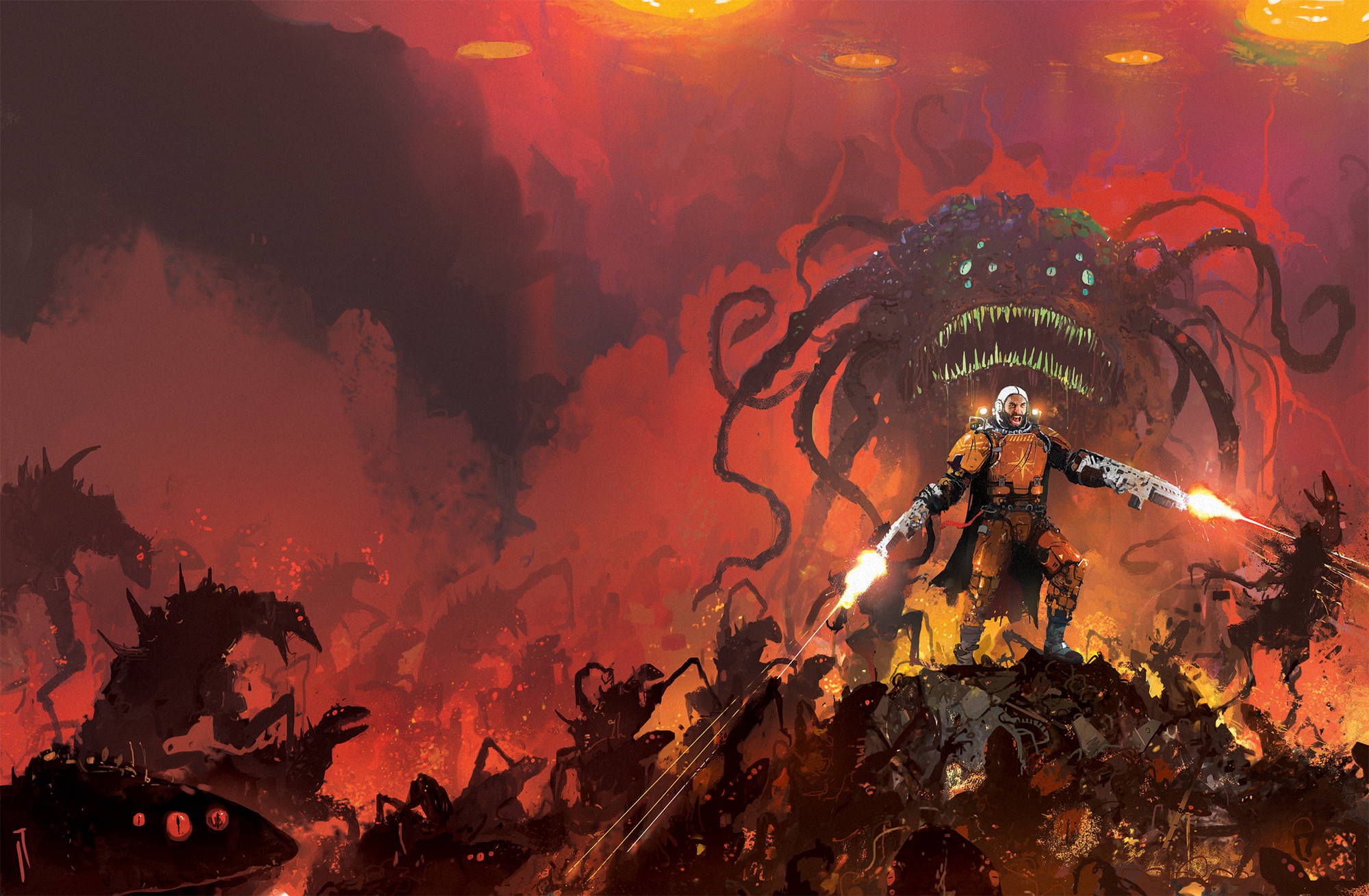 Doom Slayer fighting monsters on a fiery planet HD Wallpaper