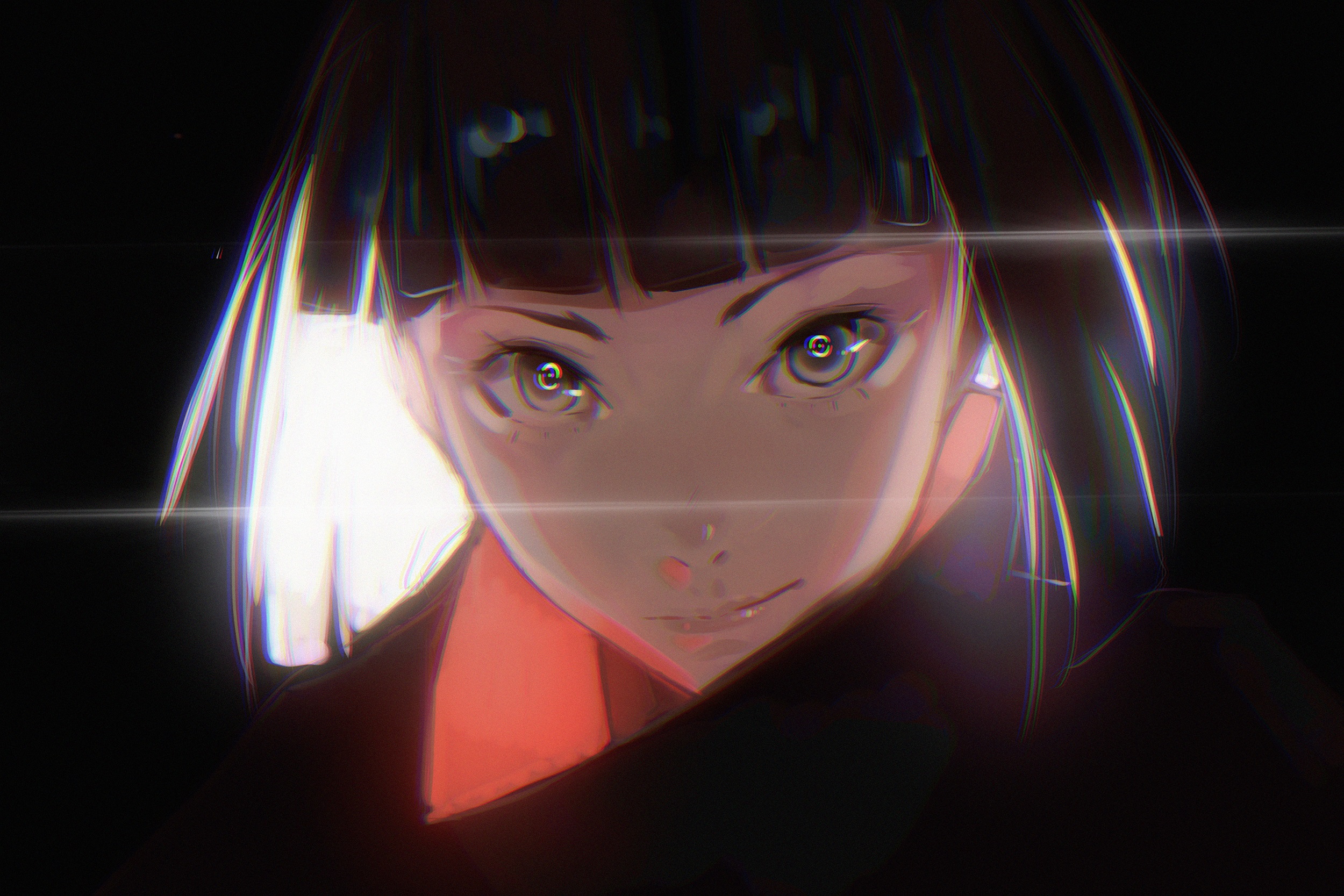 Girl with bangs and bright lights HD Wallpaper