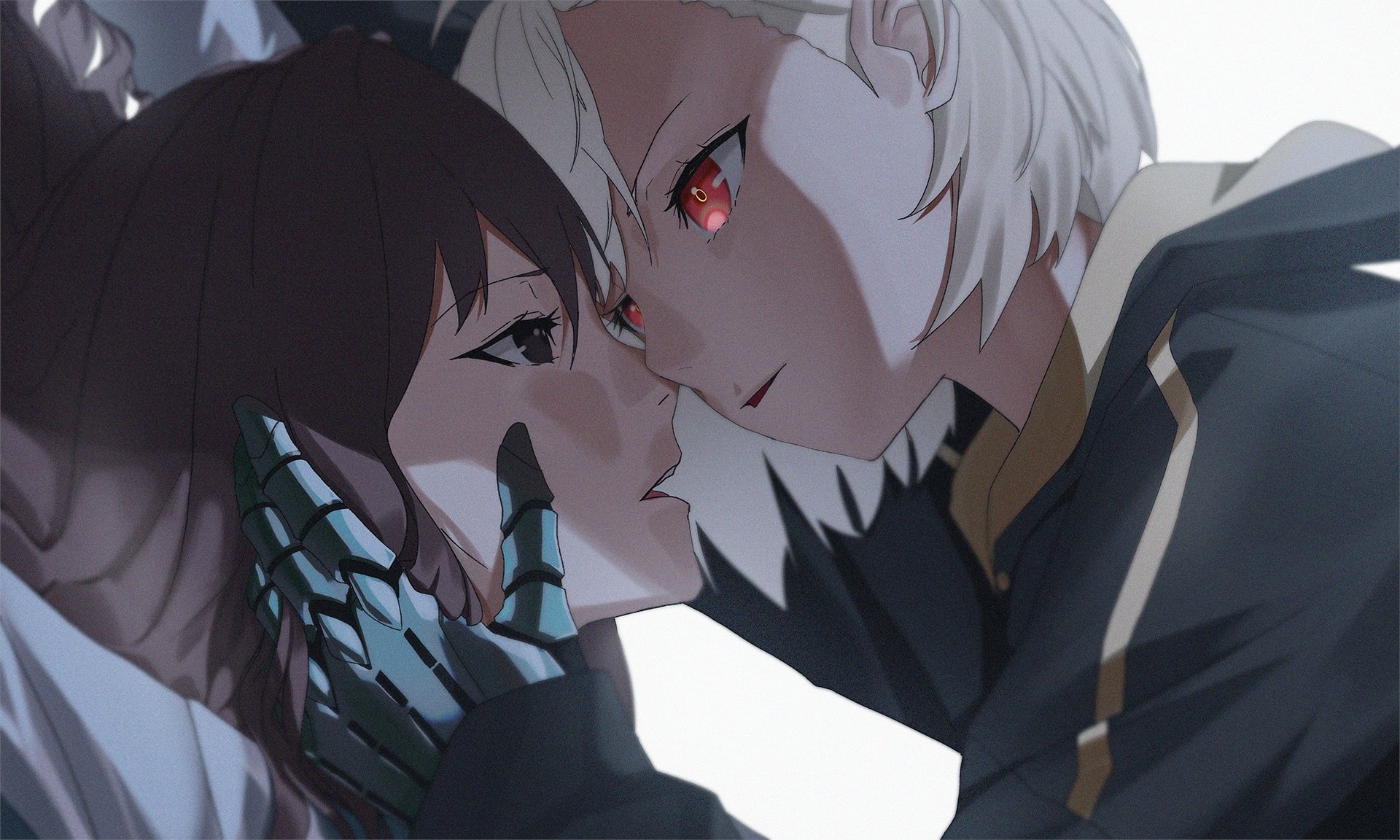 Anime couple with red eyes and mechanical hand HD Wallpaper