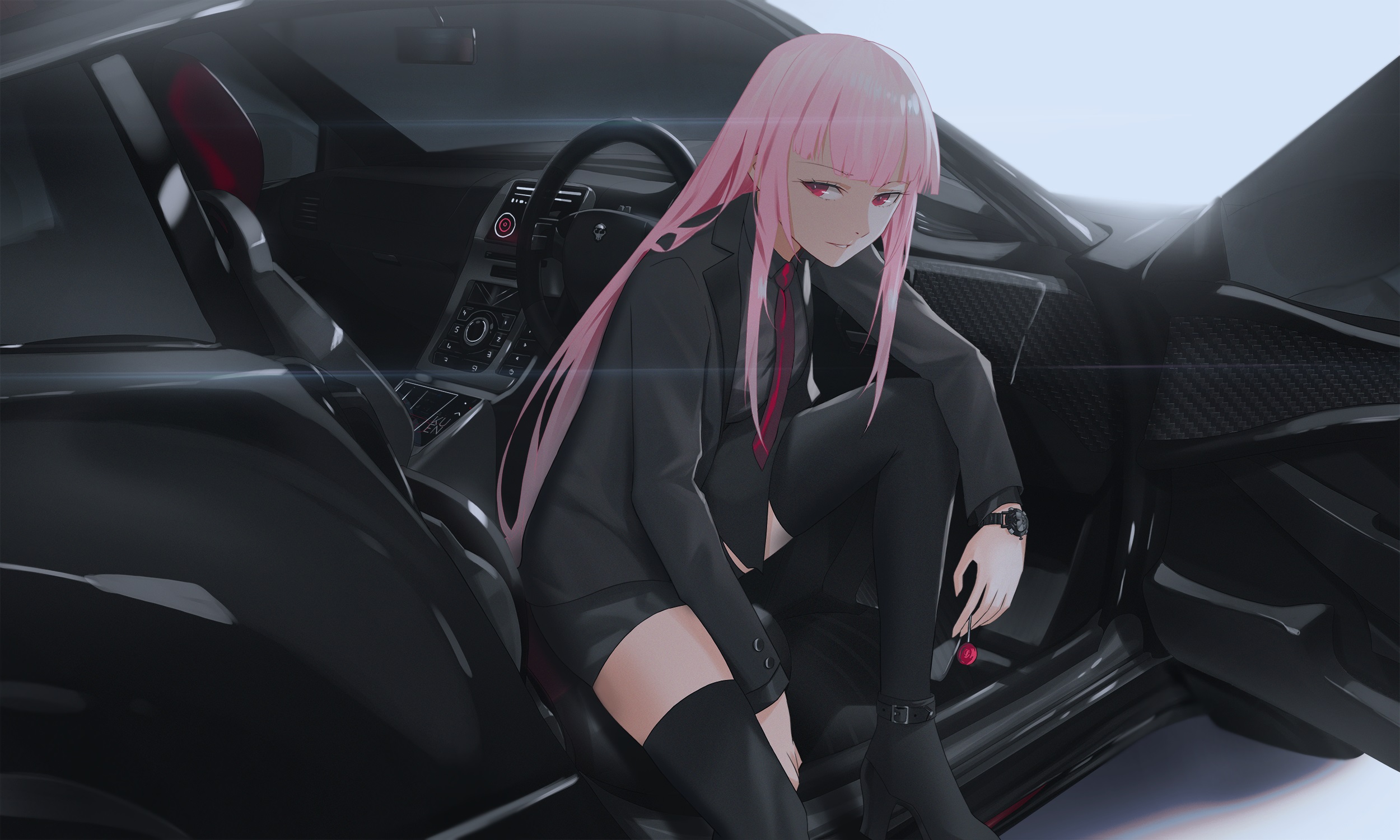 Mori Calliope in a black suit and car HD Wallpaper