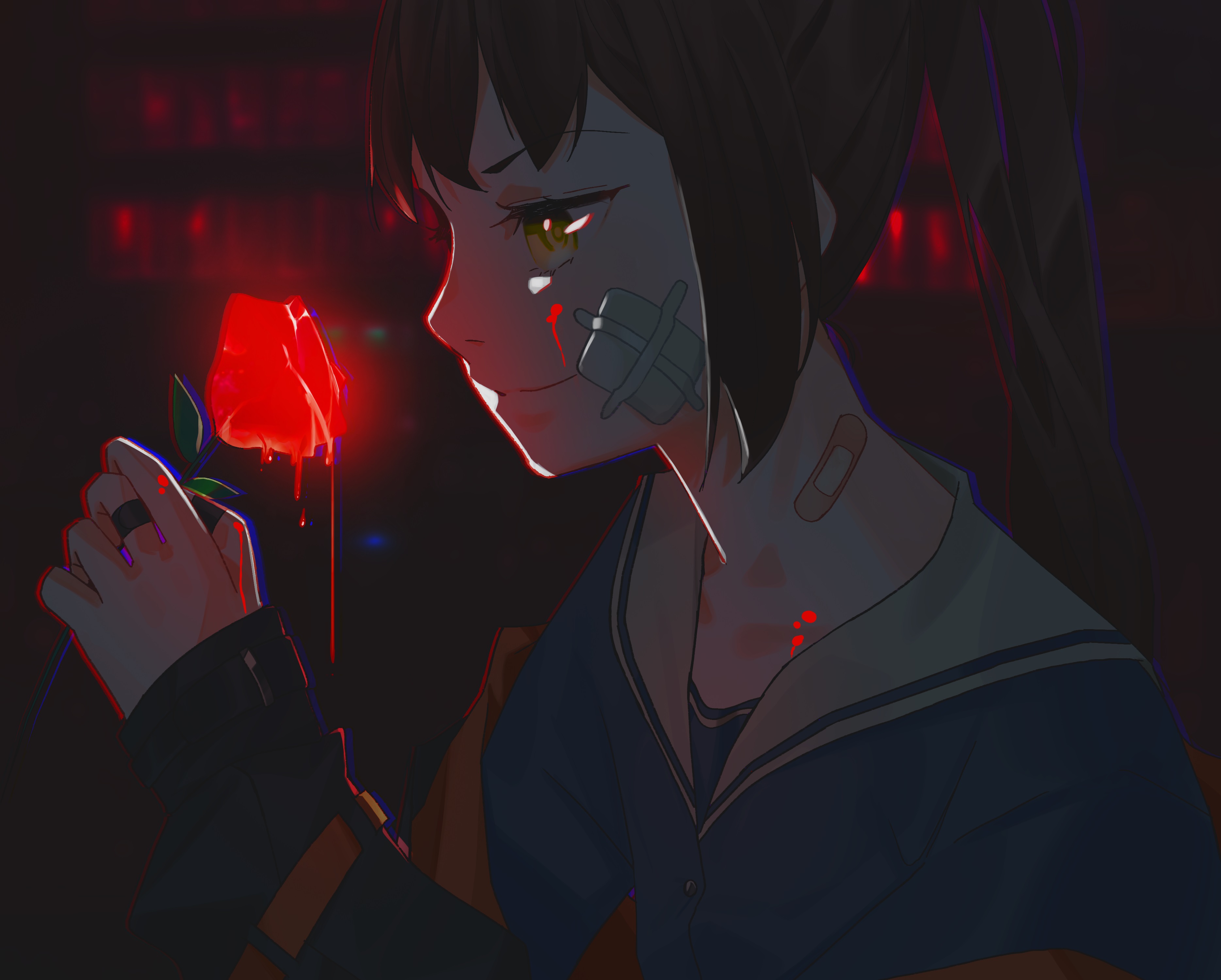Girl with Bandages Holding a Bloody Rose HD Wallpaper