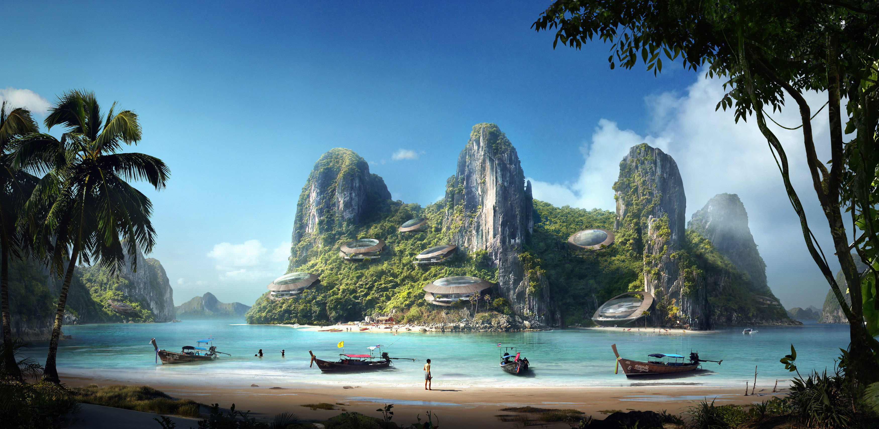 Fantasy island with futuristic buildings and boats HD Wallpaper