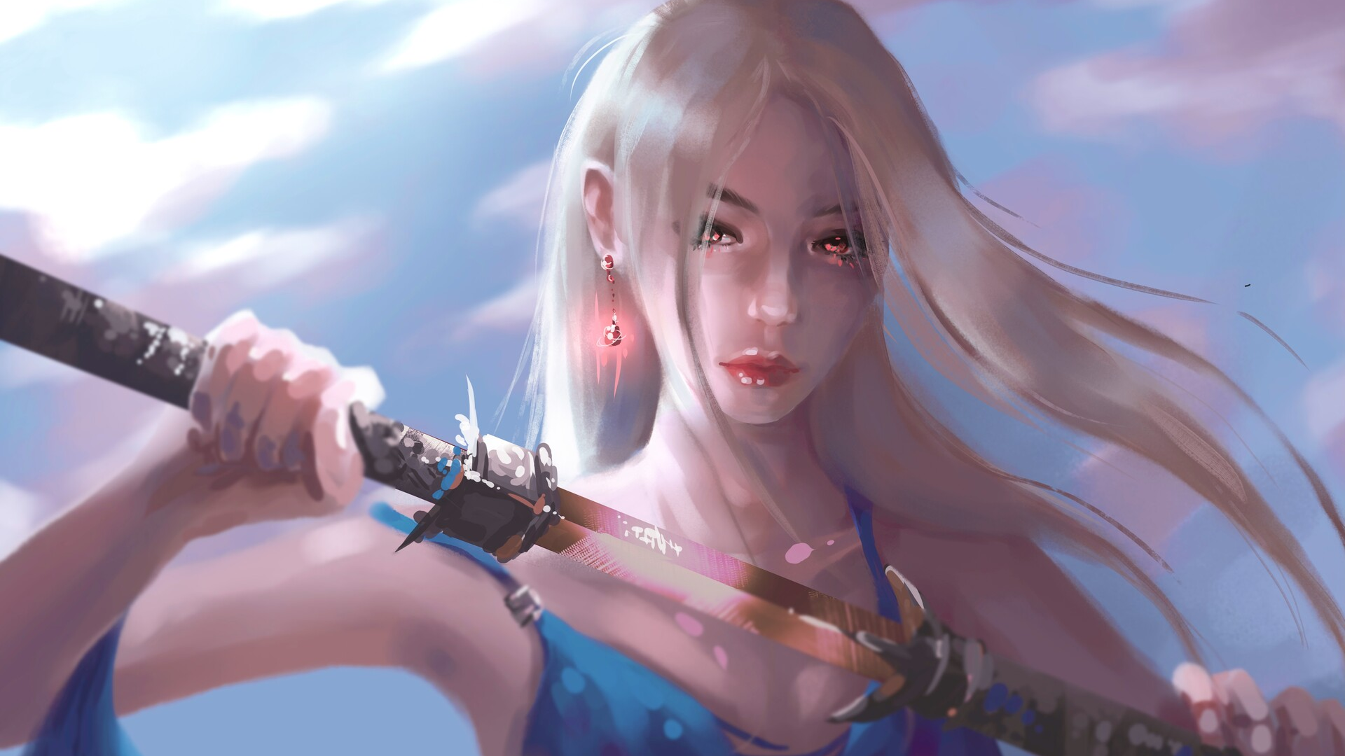 Fantasy Woman Warrior with Blonde Hair and Katana HD Wallpaper