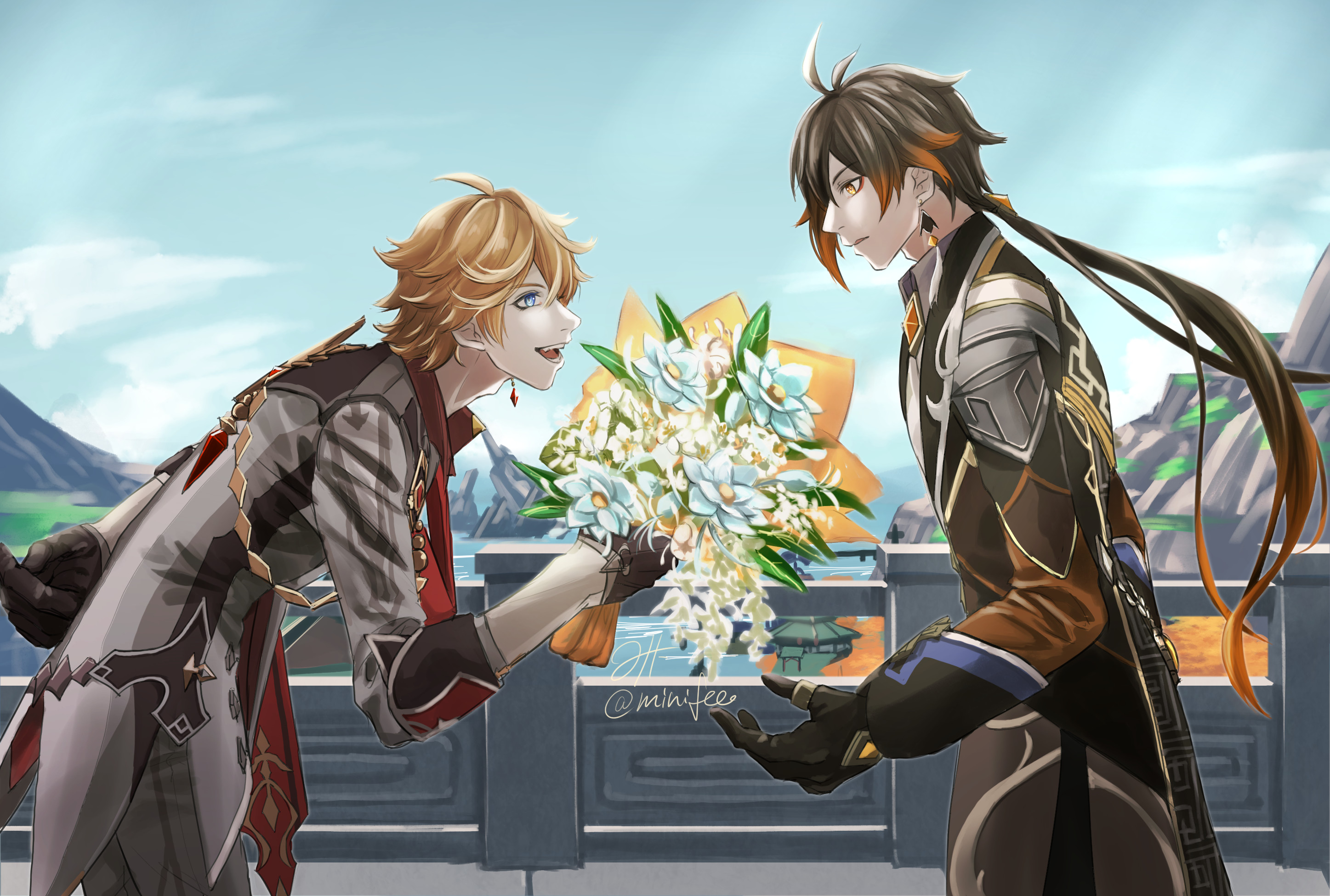Tartaglia and Zhongli from Genshin Impact with flowers HD Wallpaper