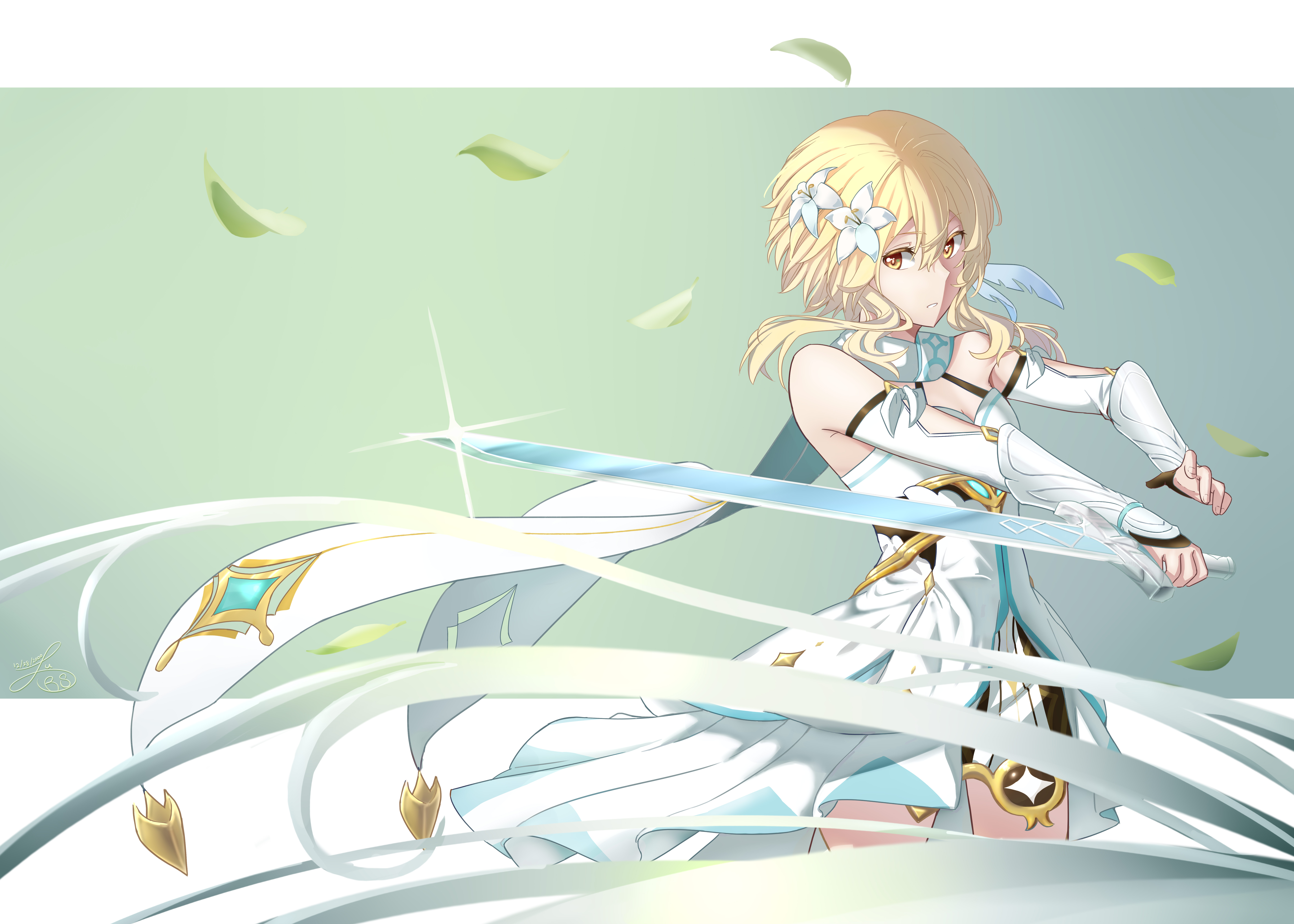 Lumine from Genshin Impact with a sword HD Wallpaper