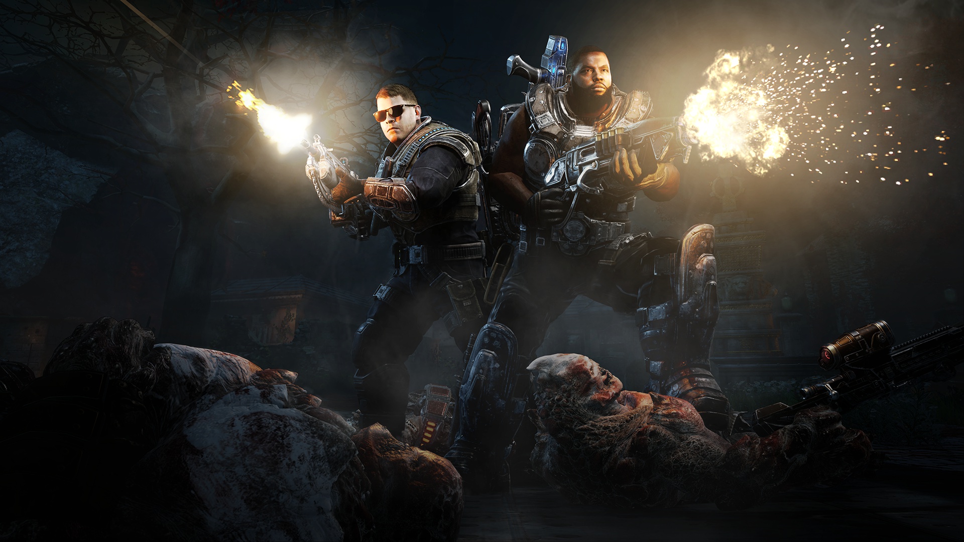 Gears of War 4 characters firing weapons near corpses HD Wallpaper