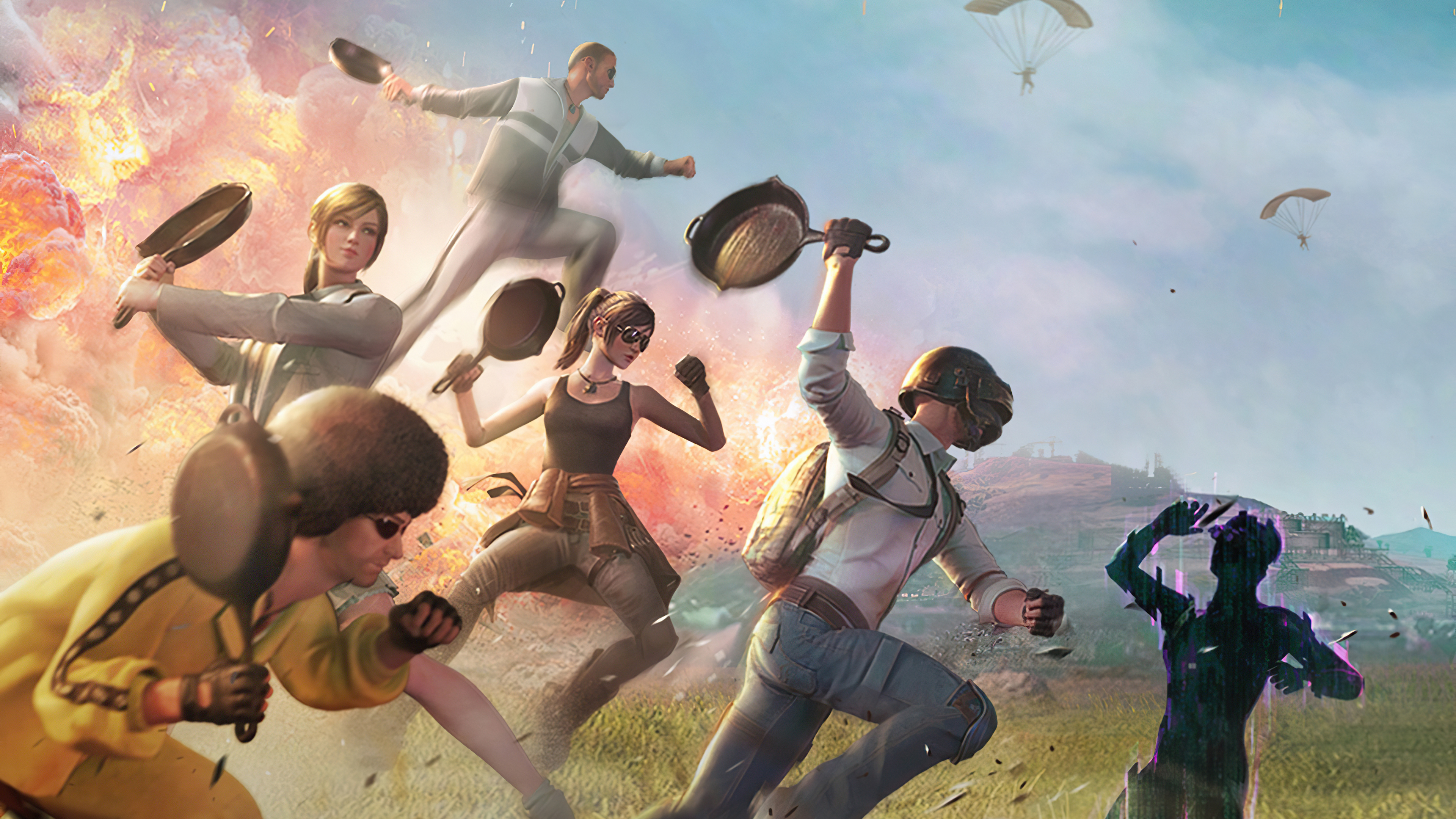 PlayerUnknowns Battlegrounds characters running with frying pans HD Wallpaper