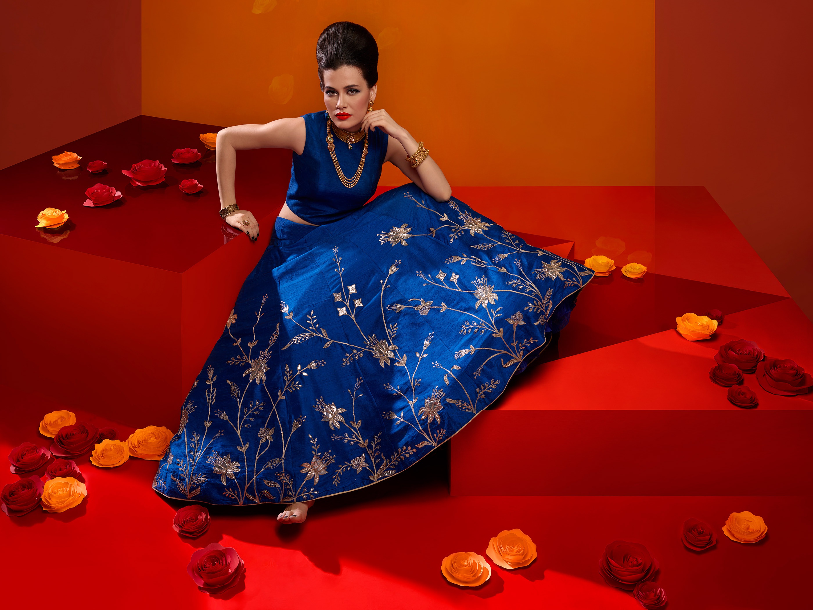 Woman in blue lehenga with gold embroidery HD Wallpaper