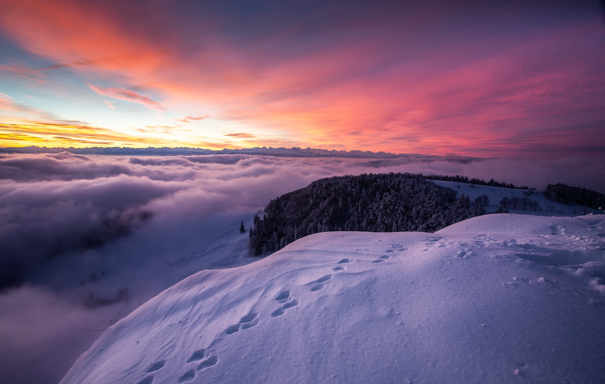 Winter mountain landscape with sunset over clouds HD Wallpaper