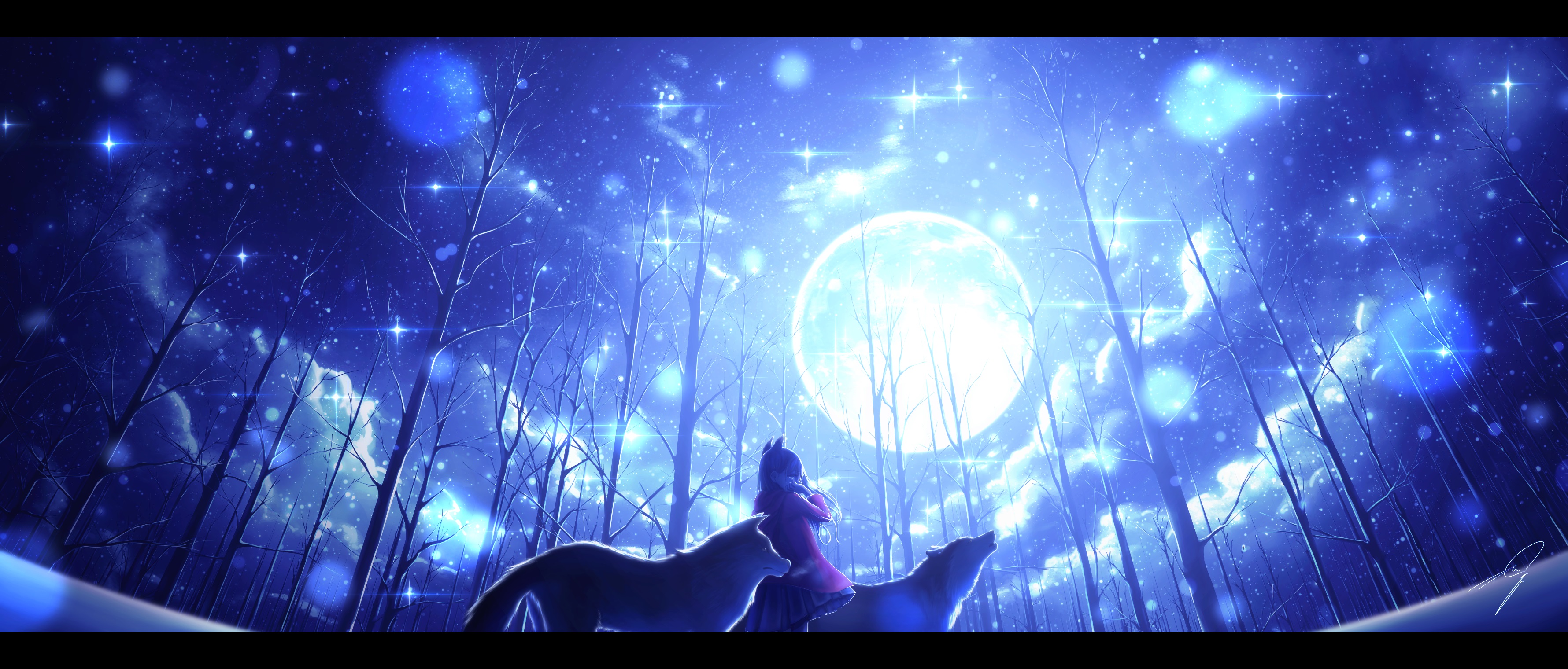 Girl with wolves under a full moon in a forest HD Wallpaper