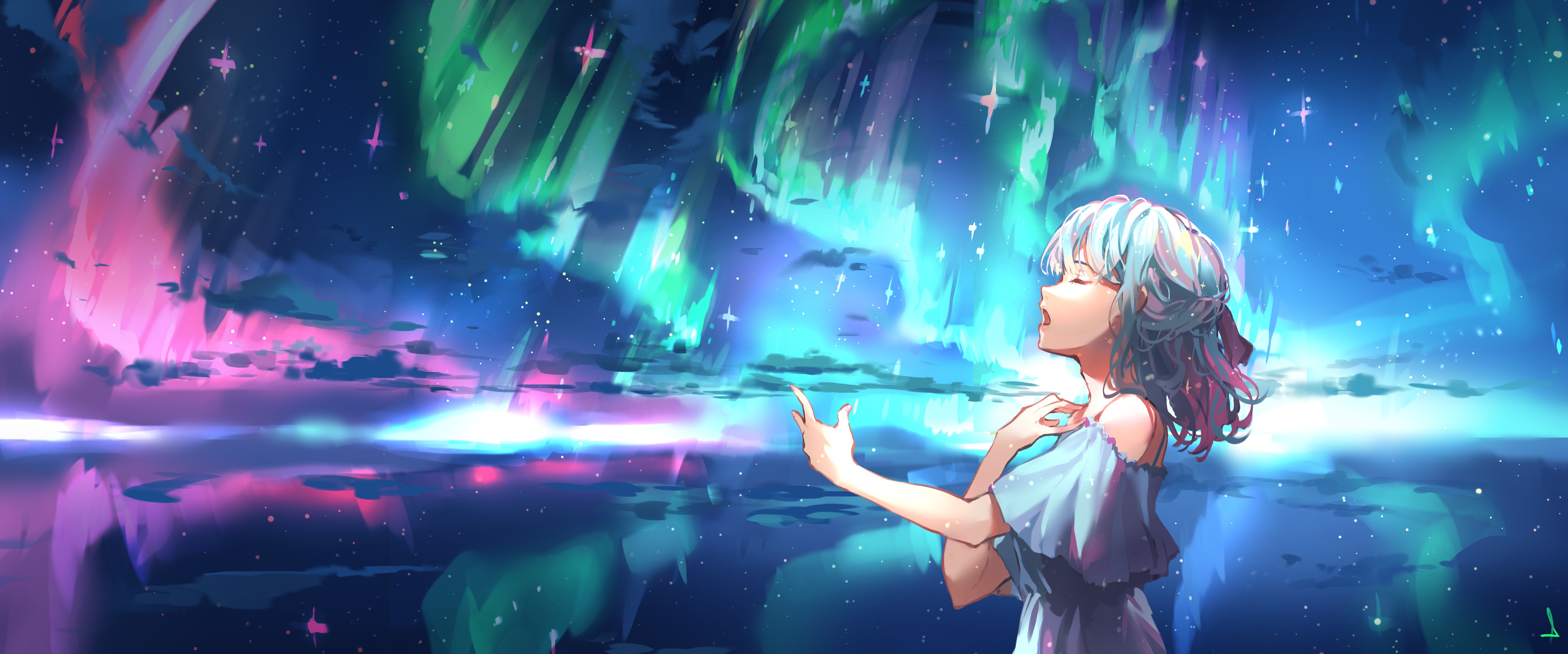 Girl singing under the aurora borealis HD Wallpaper