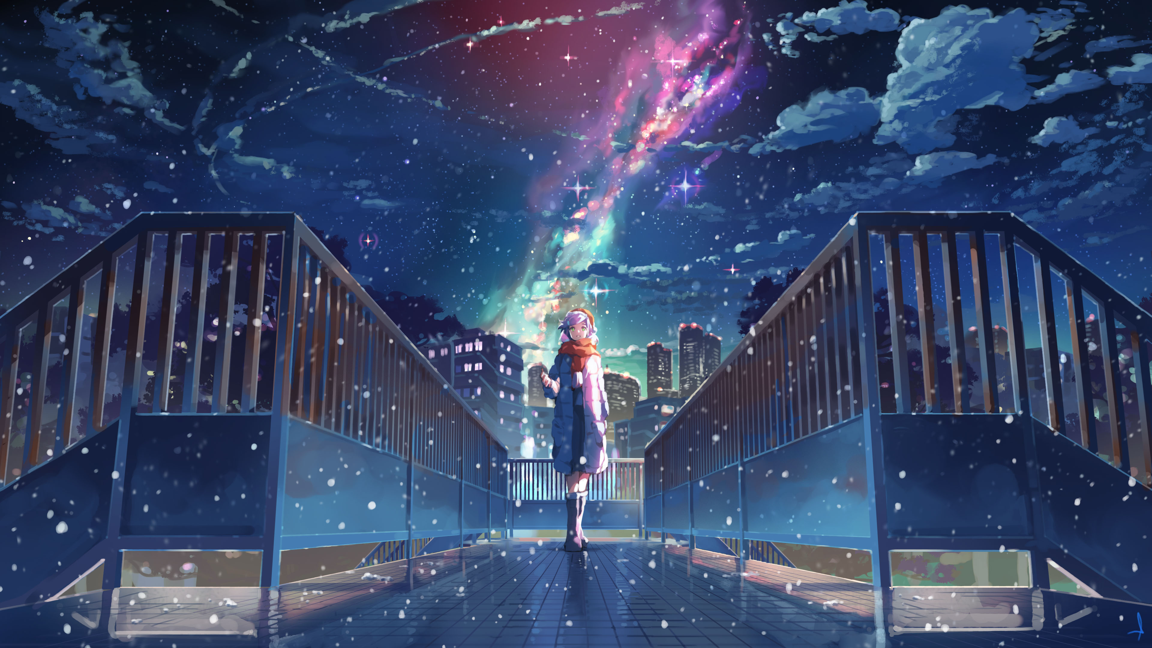 Girl on a bridge under a starry sky 4K HD Wallpaper