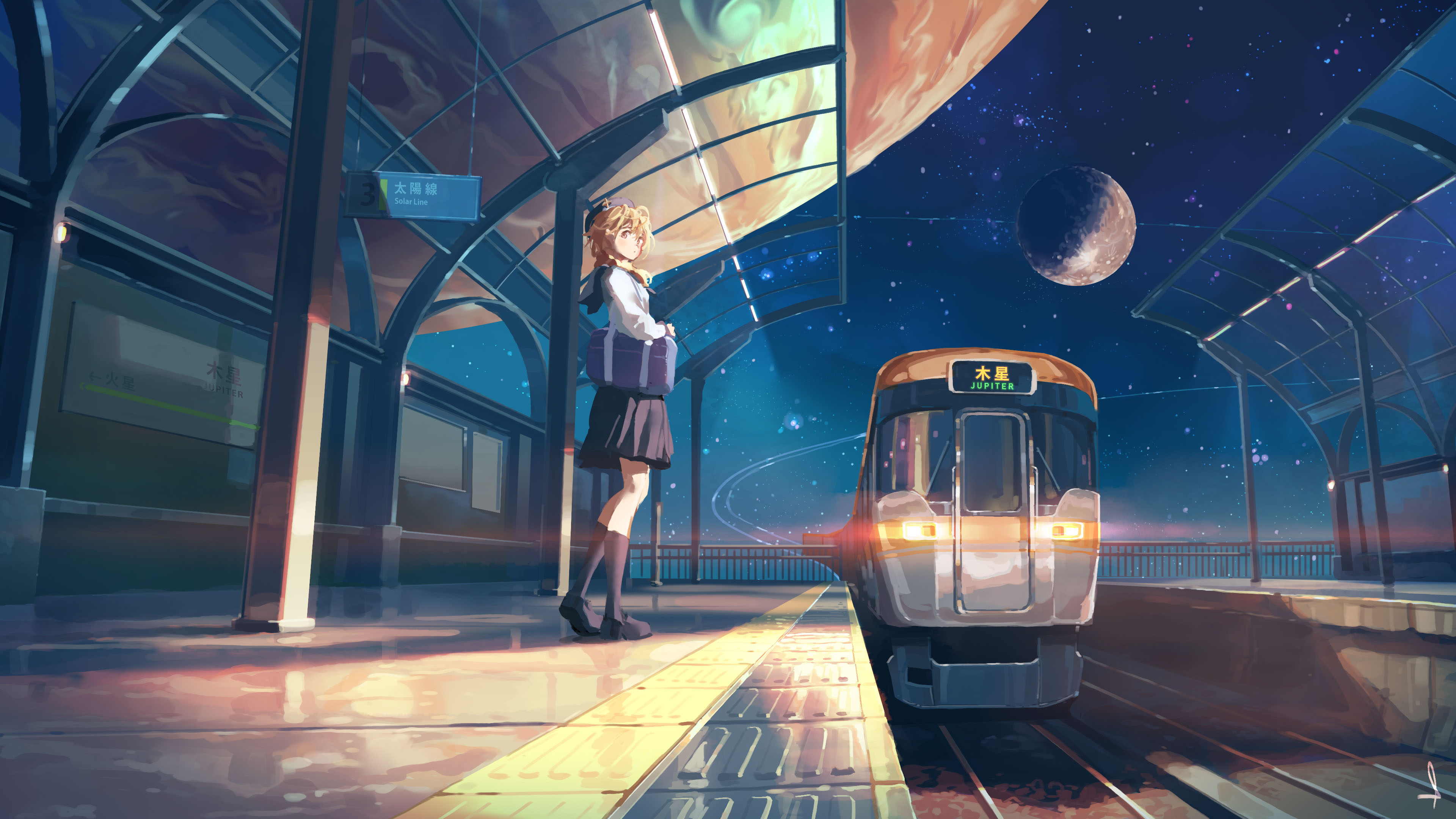 Girl at Space Train Station with Jupiter HD Wallpaper