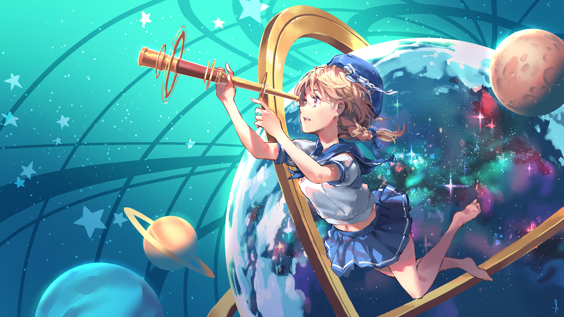 Girl with telescope in space HD Wallpaper