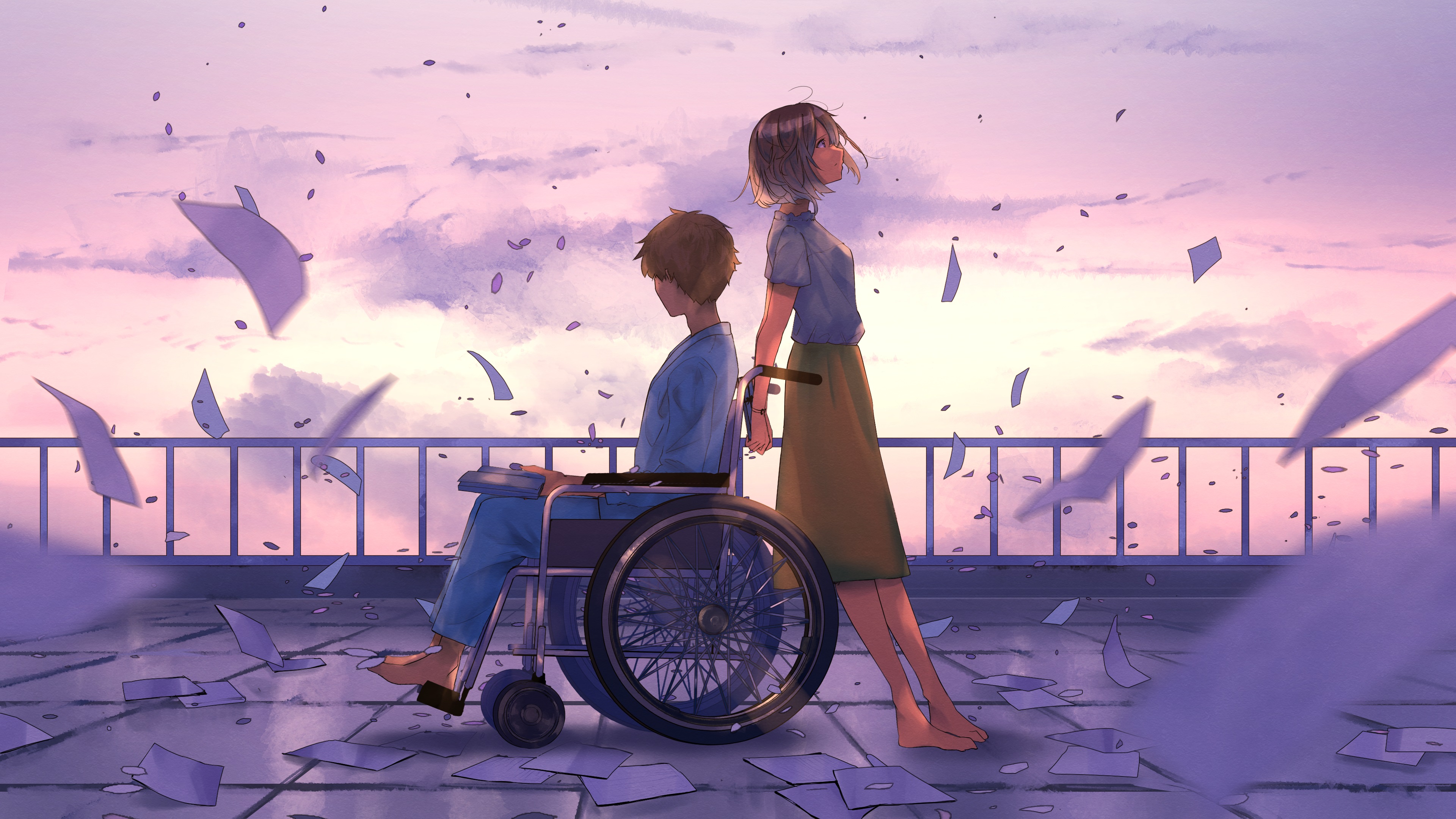 Anime couple in wheelchair at sunset 4K HD Wallpaper