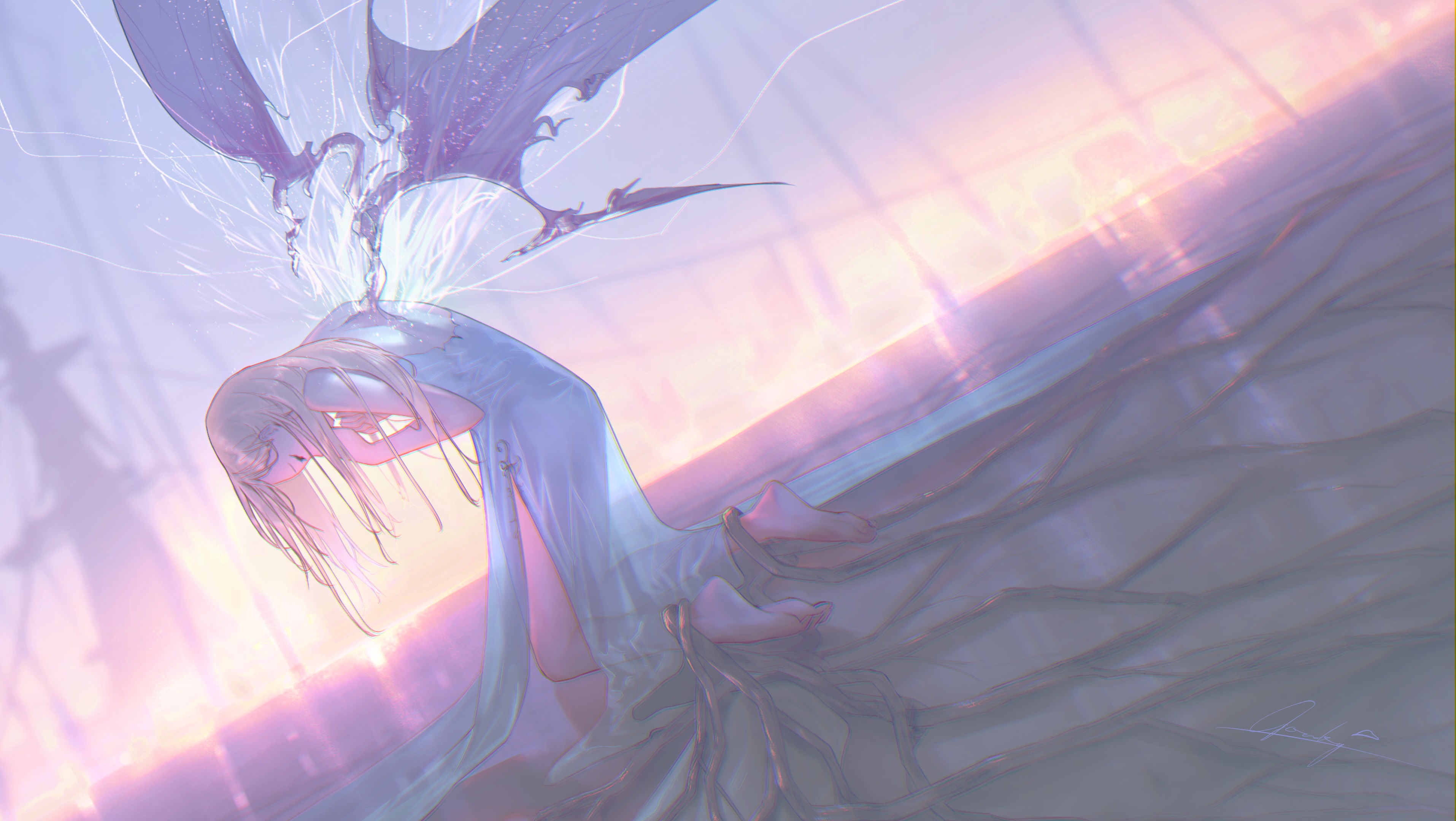 A woman with wings emerging from her back HD Wallpaper