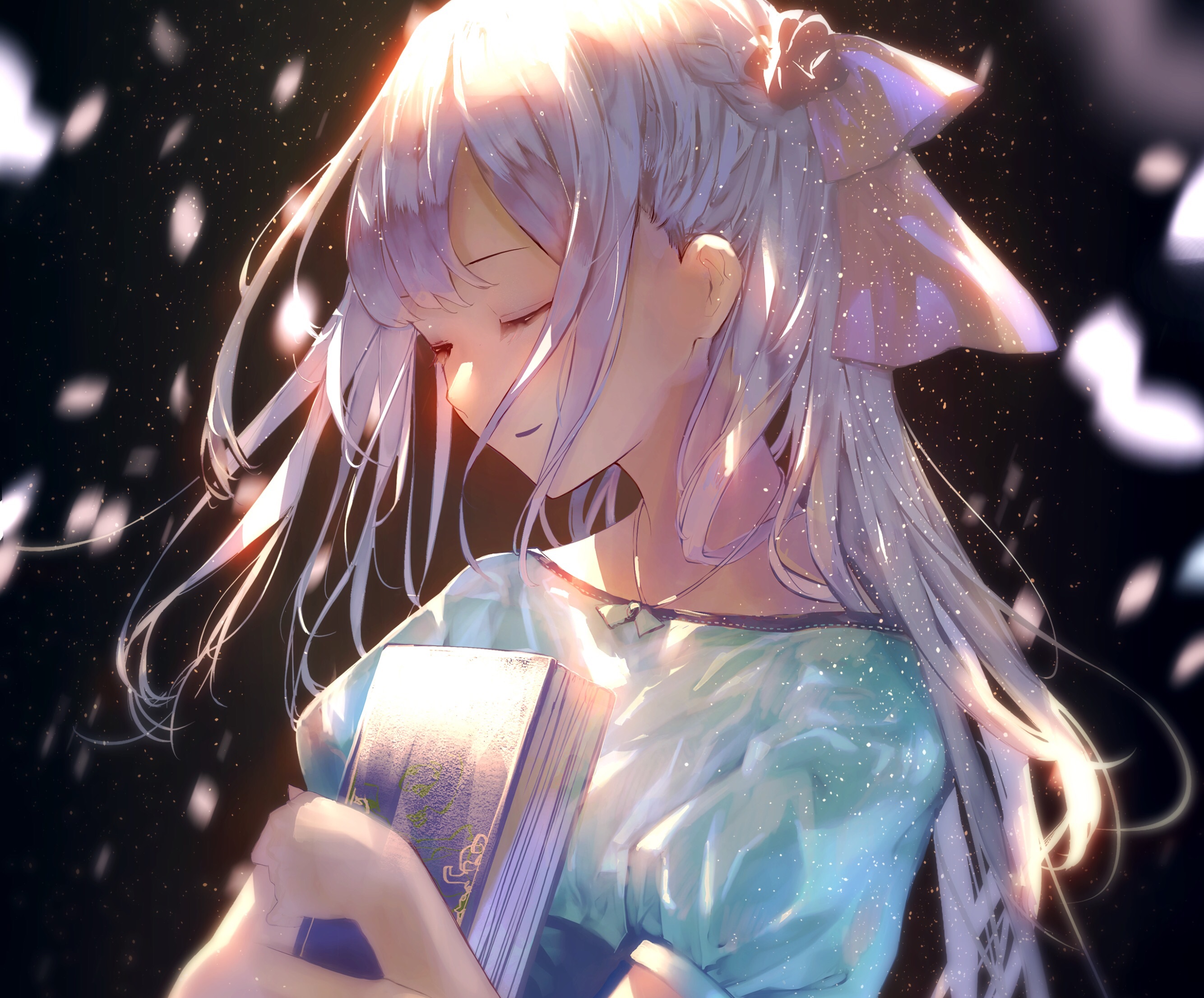 Girl with long white hair holding a book HD Wallpaper