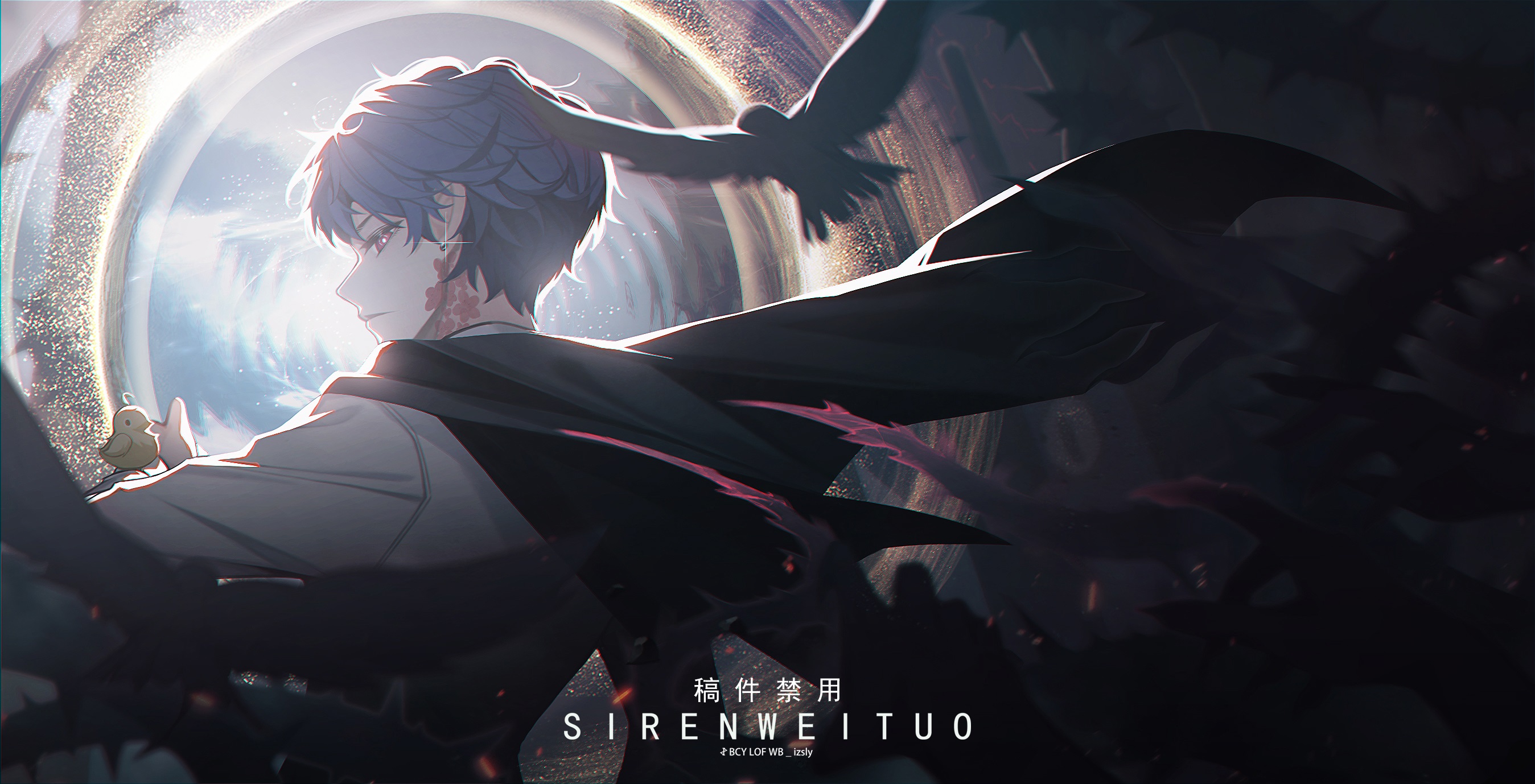 Anime boy with blue hair and a bird HD Wallpaper