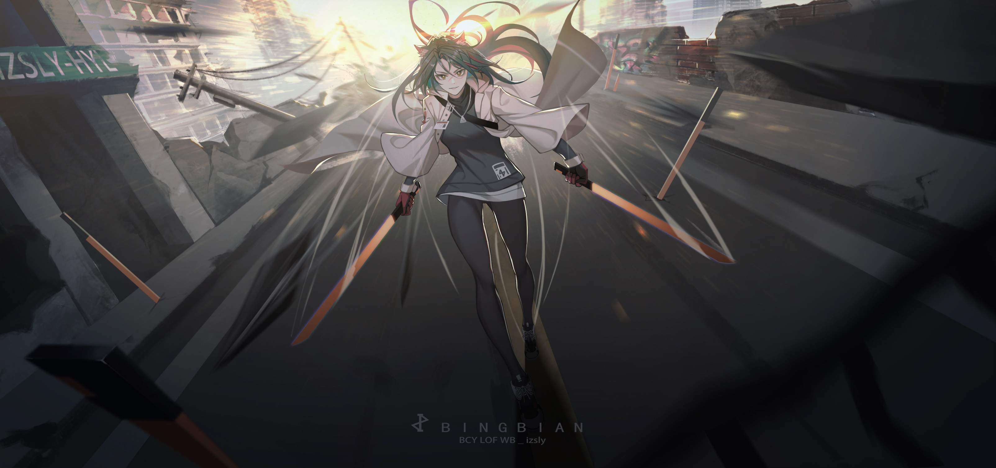 Texas from Arknights in a ruined city HD Wallpaper