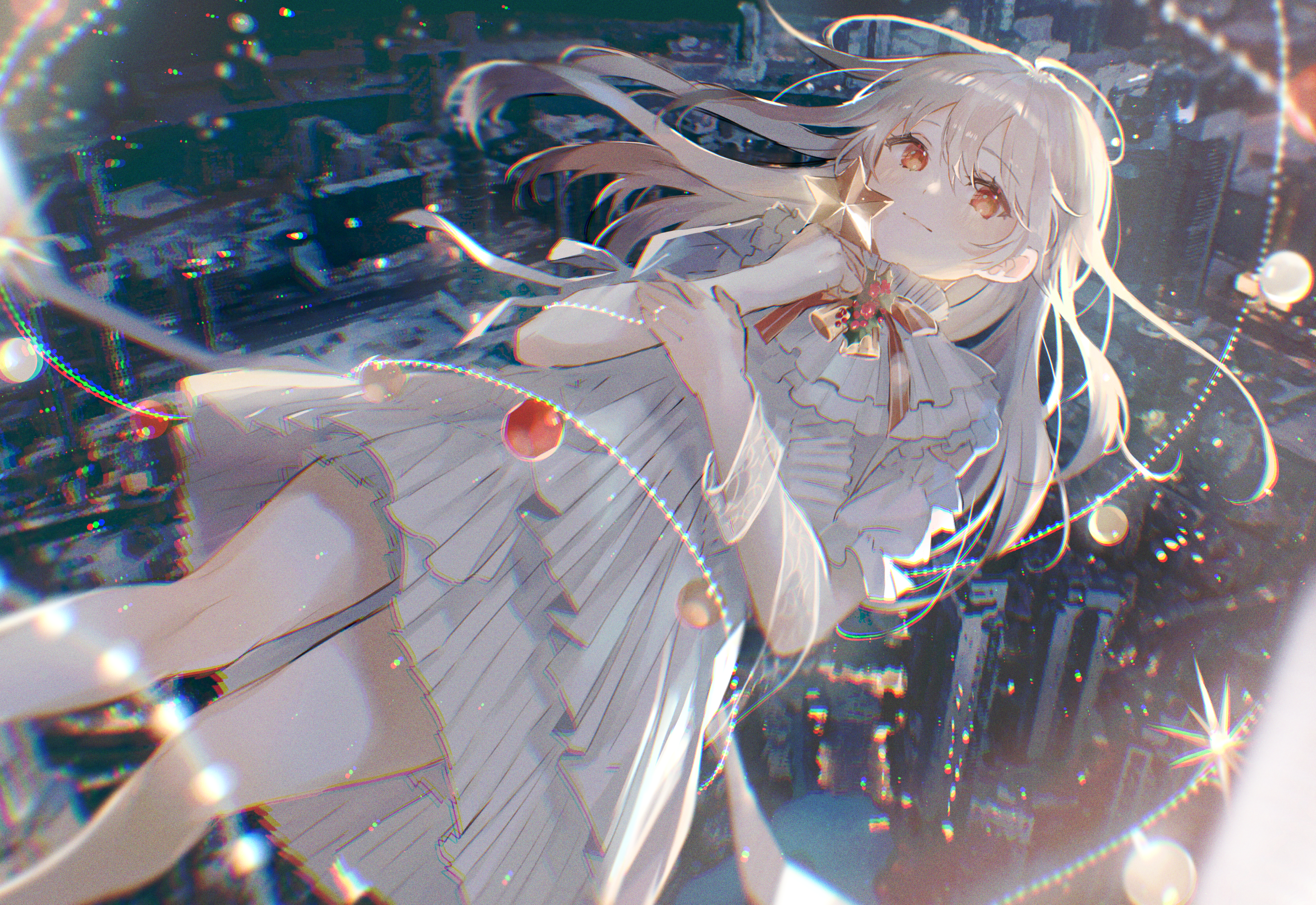 Girl with white hair and red eyes in a white dress HD Wallpaper
