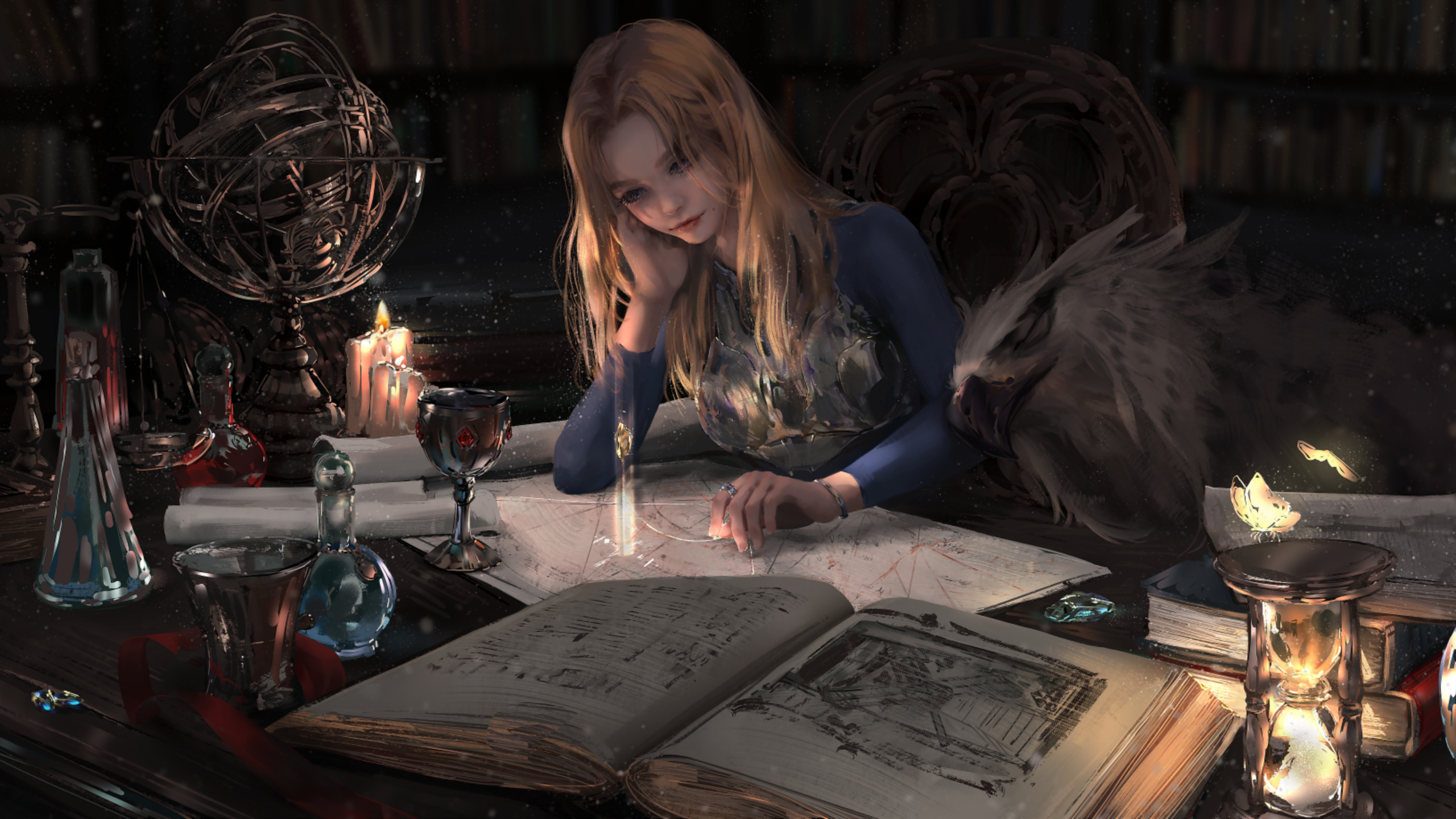 Girl studying with an owl-like creature in a library HD Wallpaper