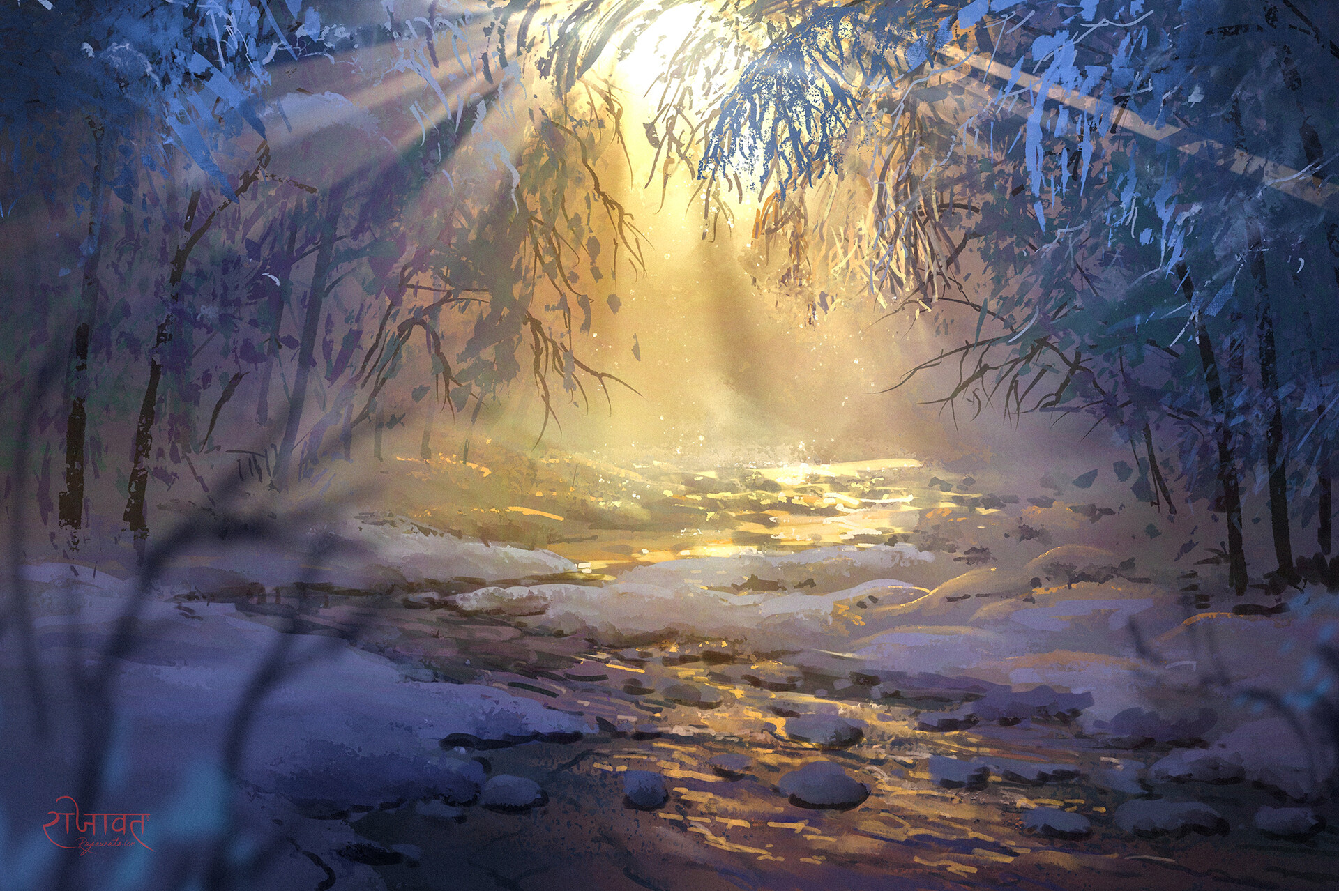 Winter forest with sunbeams over a river HD Wallpaper