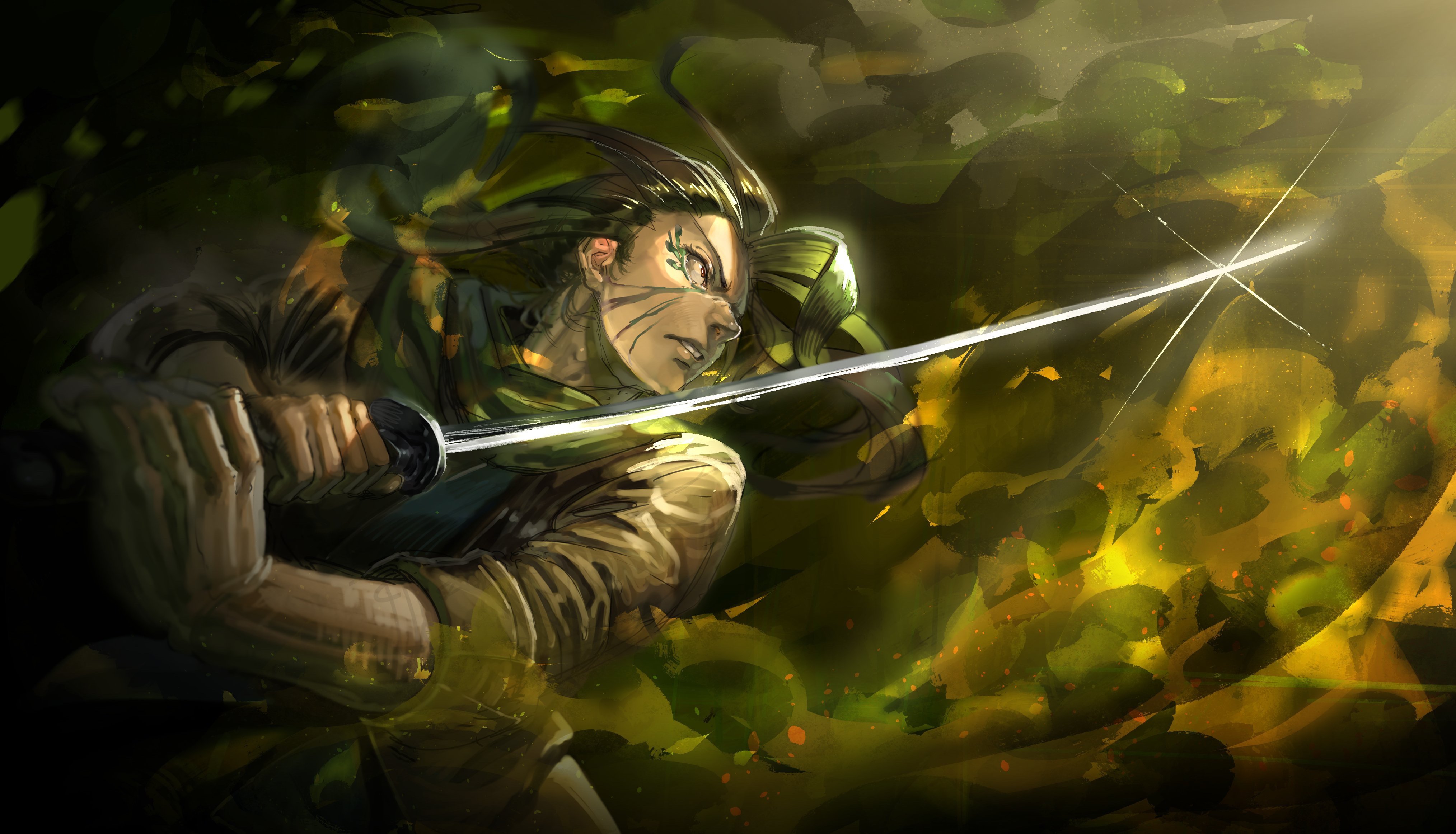 Anime warrior with sword in forest 4K HD Wallpaper