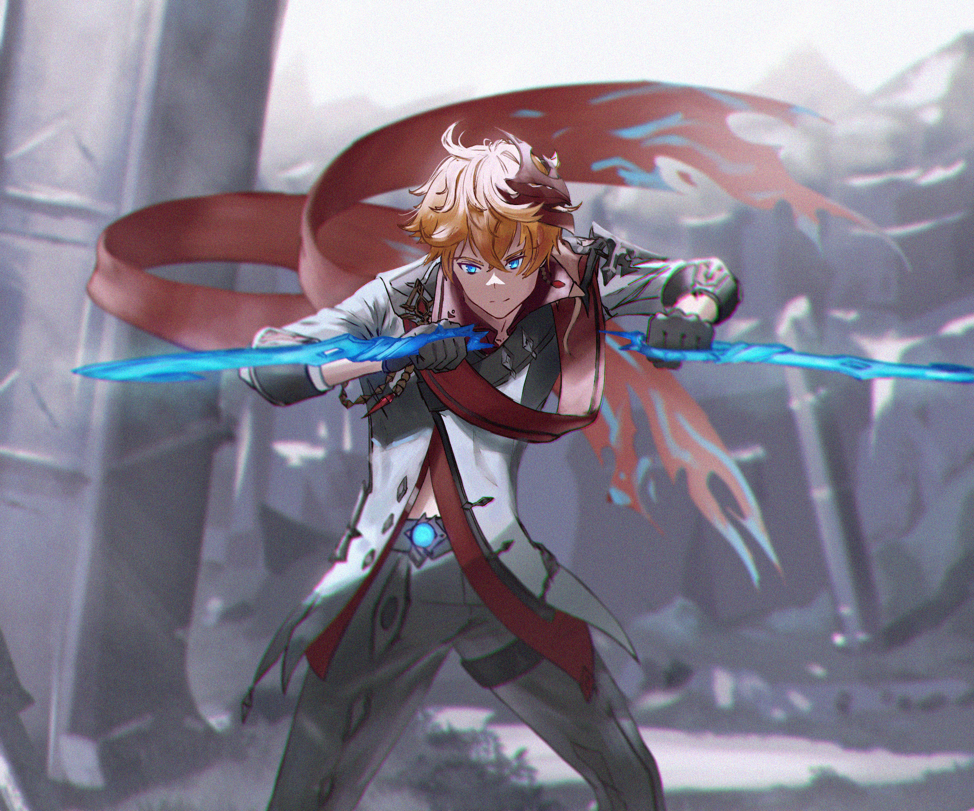 Tartaglia Childe from Genshin Impact with blue swords HD Wallpaper